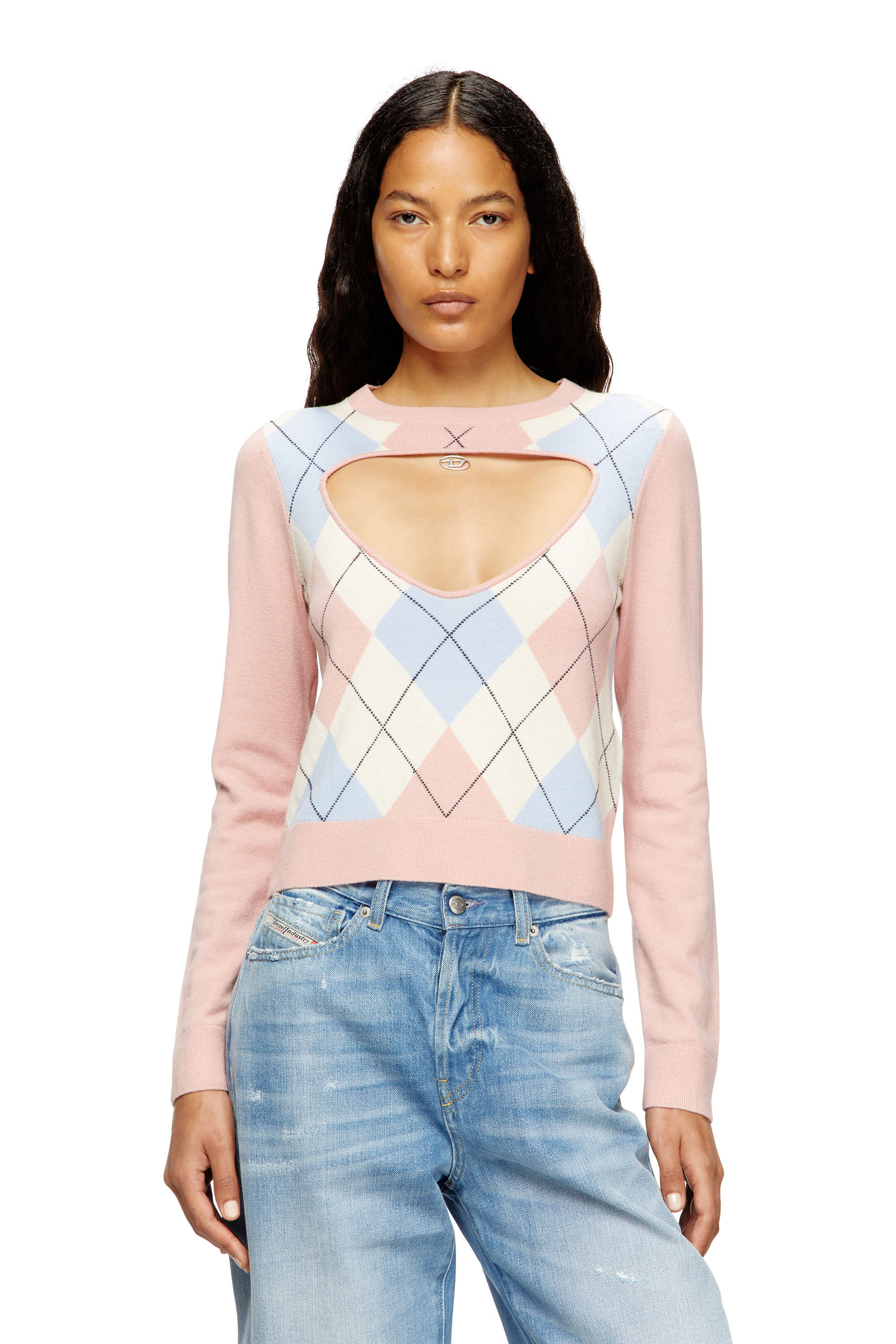 Diesel - M-ROMKO-LS, Maglia a rombi in lana con cut-out Donna in Rosa - 3