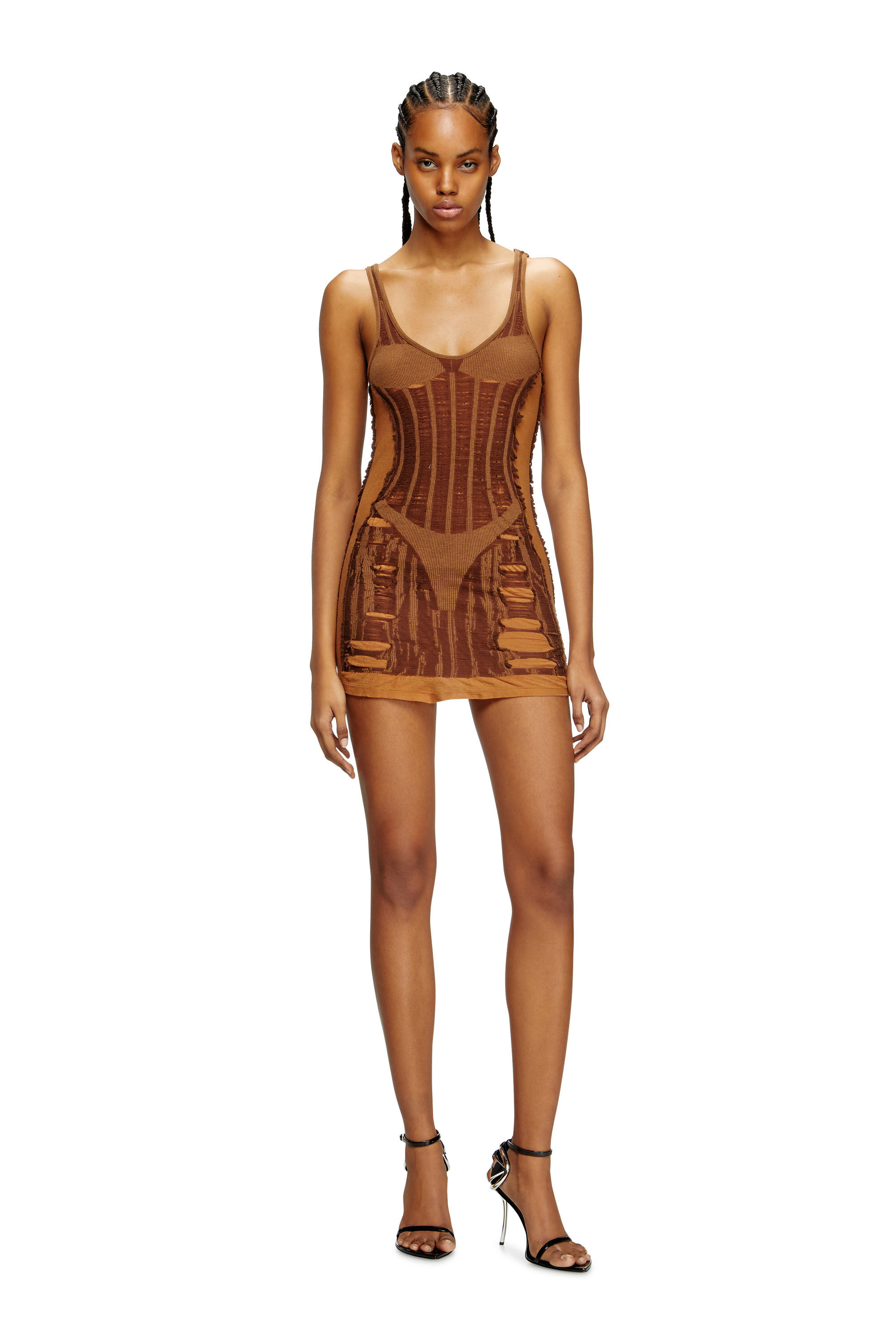 Diesel - M-CALIMERA-SHORT, Abito aderente in maglia effetto distressed Donna in Marrone - 1