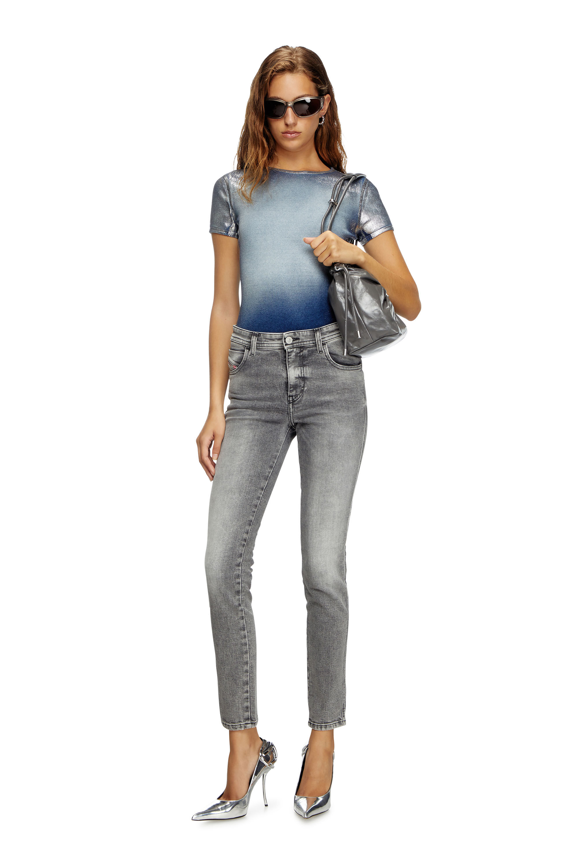 Diesel - T-ELE-LONG-Q1, T-shirt con sfumature metalliche Donna in Blu - 1