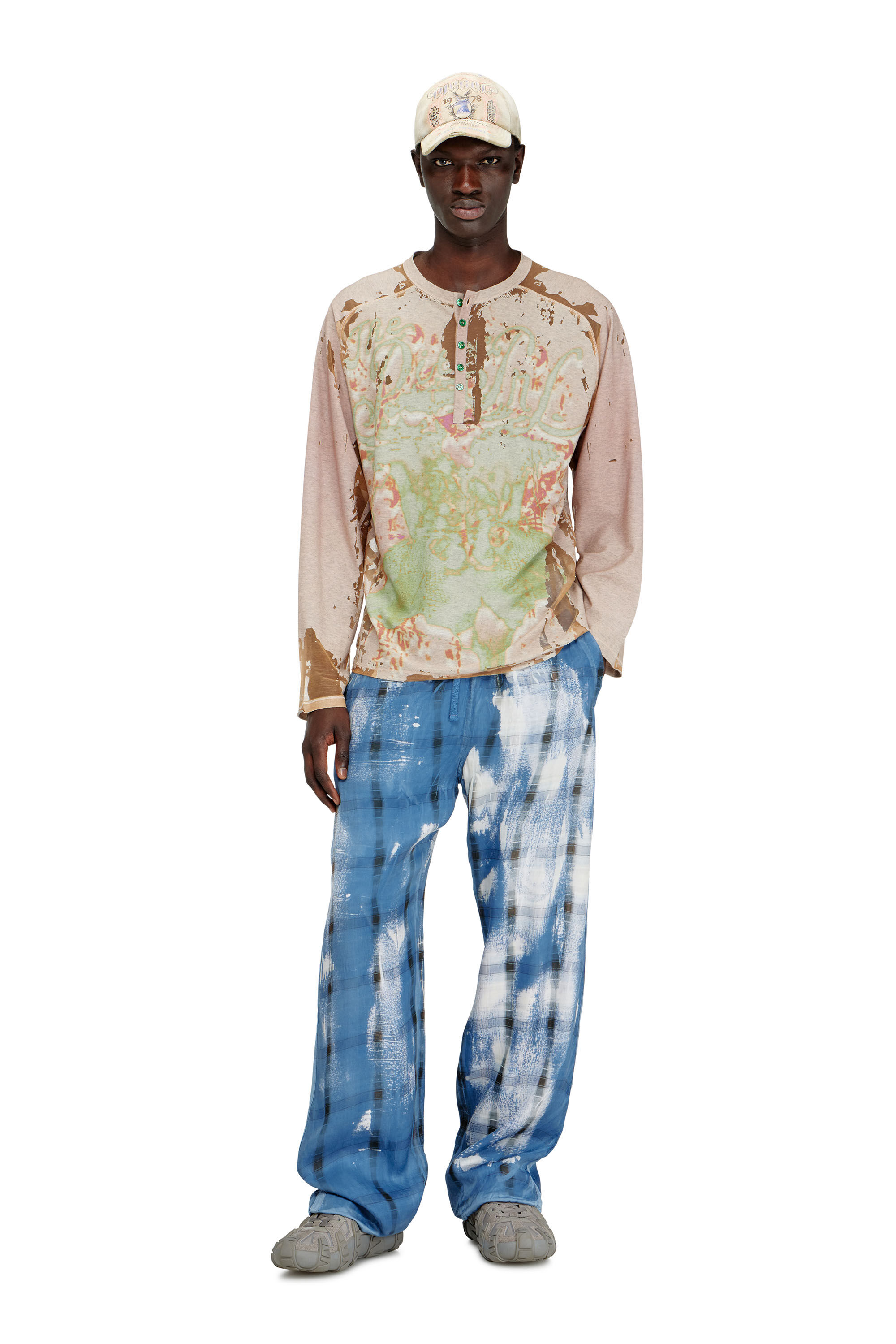 Diesel - T-LIVO-LS, Camicia henley in jersey d&eacute;vor&eacute; stampato Uomo in Beige - 1