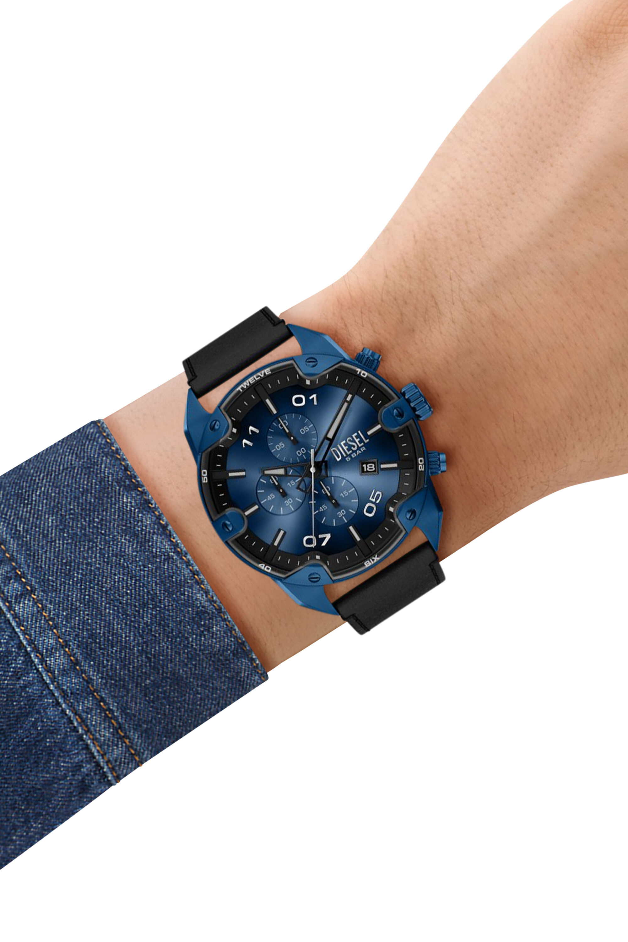 Men's Spiked Chronograph Black Leather Watch | Multicolor | Diesel