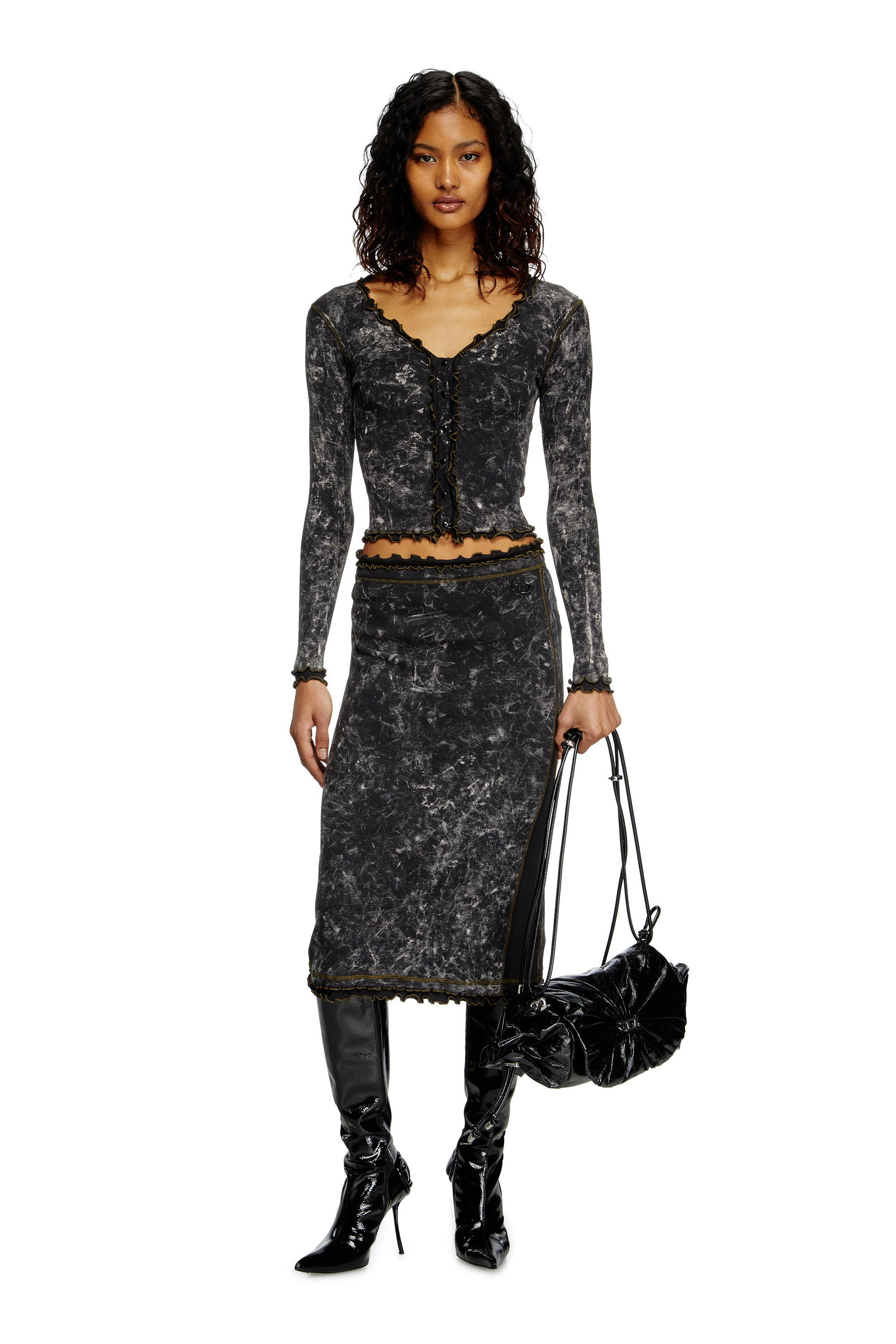 Diesel - T-FLUX, Top abbottonato effetto marble con balze Donna in Nero - 1