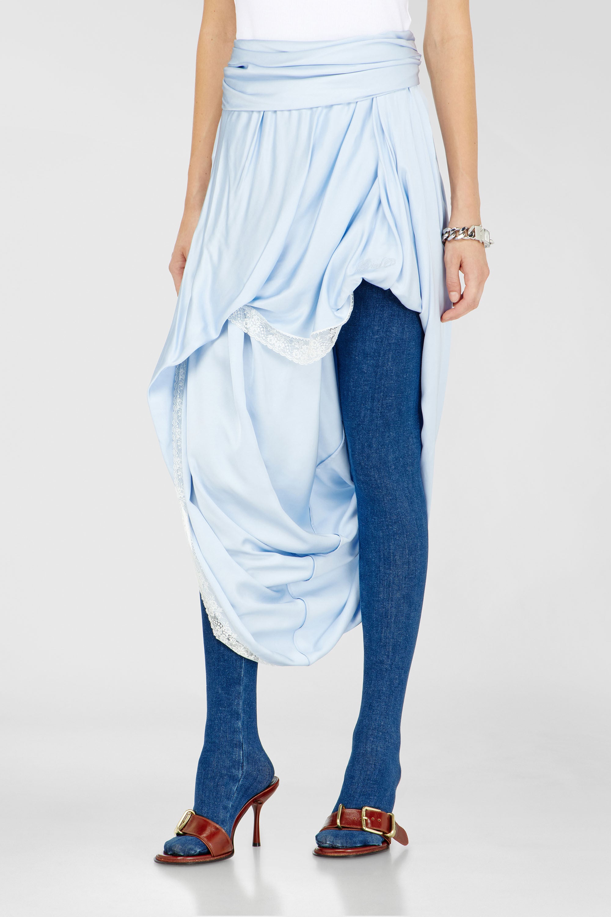 Diesel - O-WANDA, Gonna midi in raso drappeggiato con bordo in pizzo Donna in Blu - 3
