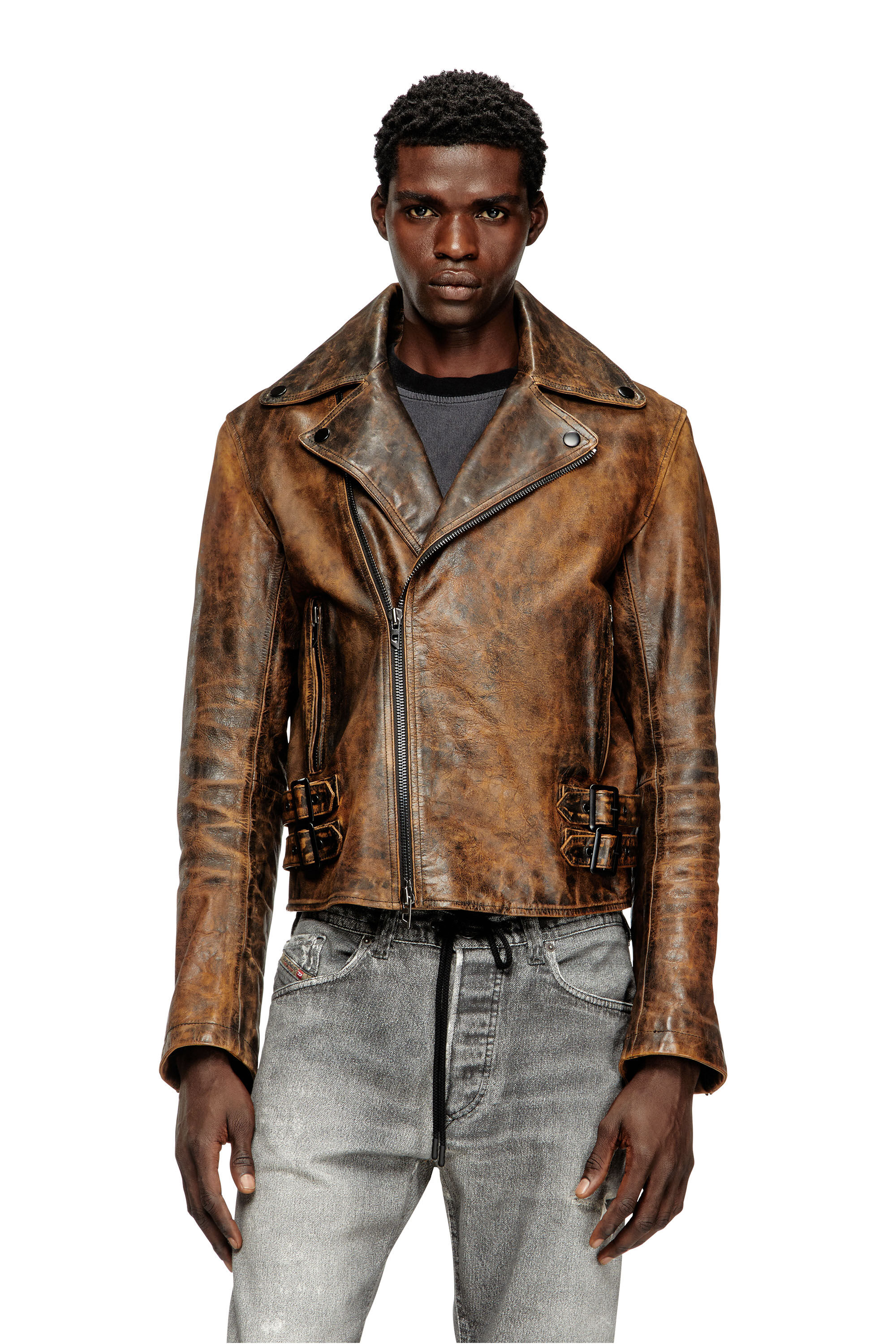 Diesel - L-EON, Giacca biker in pelle trattata Uomo in Marrone - 3