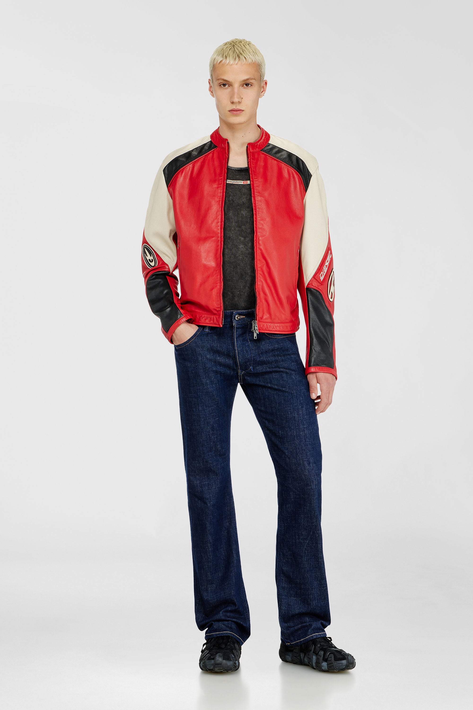 Diesel - L-AHTI, Man's Biker jacket in colour-block perforated leather in Beige/Red - 1