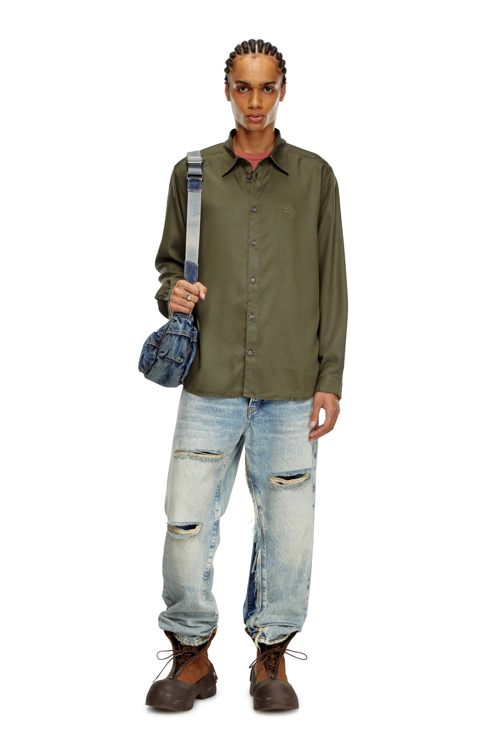 Camicia fluida con ricamo logo Uomo Verde Diesel
