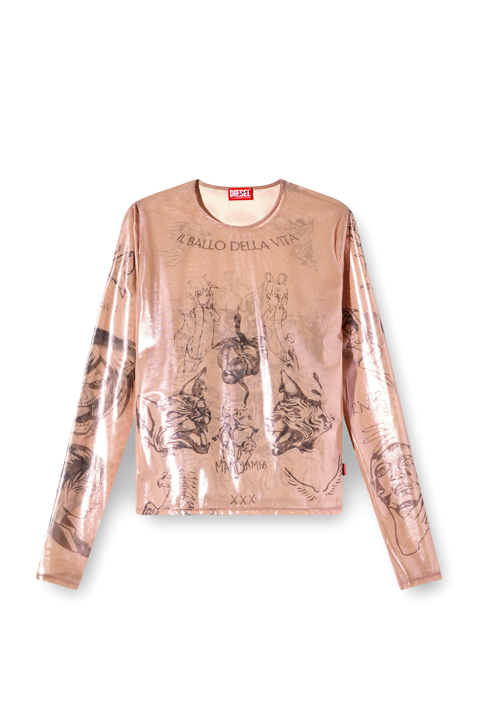 Diesel - T-CLAUDE-DD, Top in tulle stretch effetto tattoo Unisex in Rosa - 2