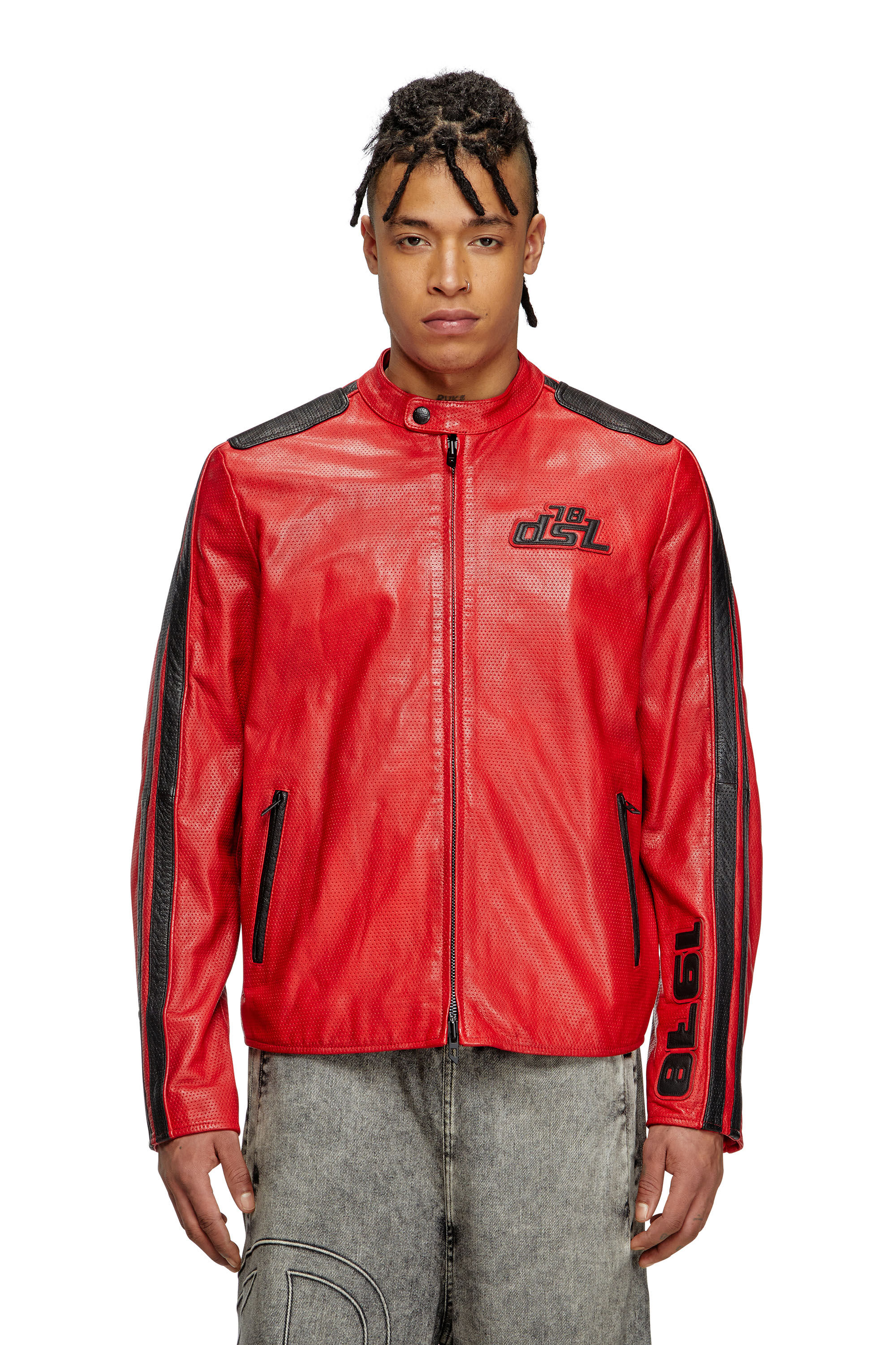 Diesel - L-POP, Giacca biker in pelle traforata Unisex in Rosso - 3