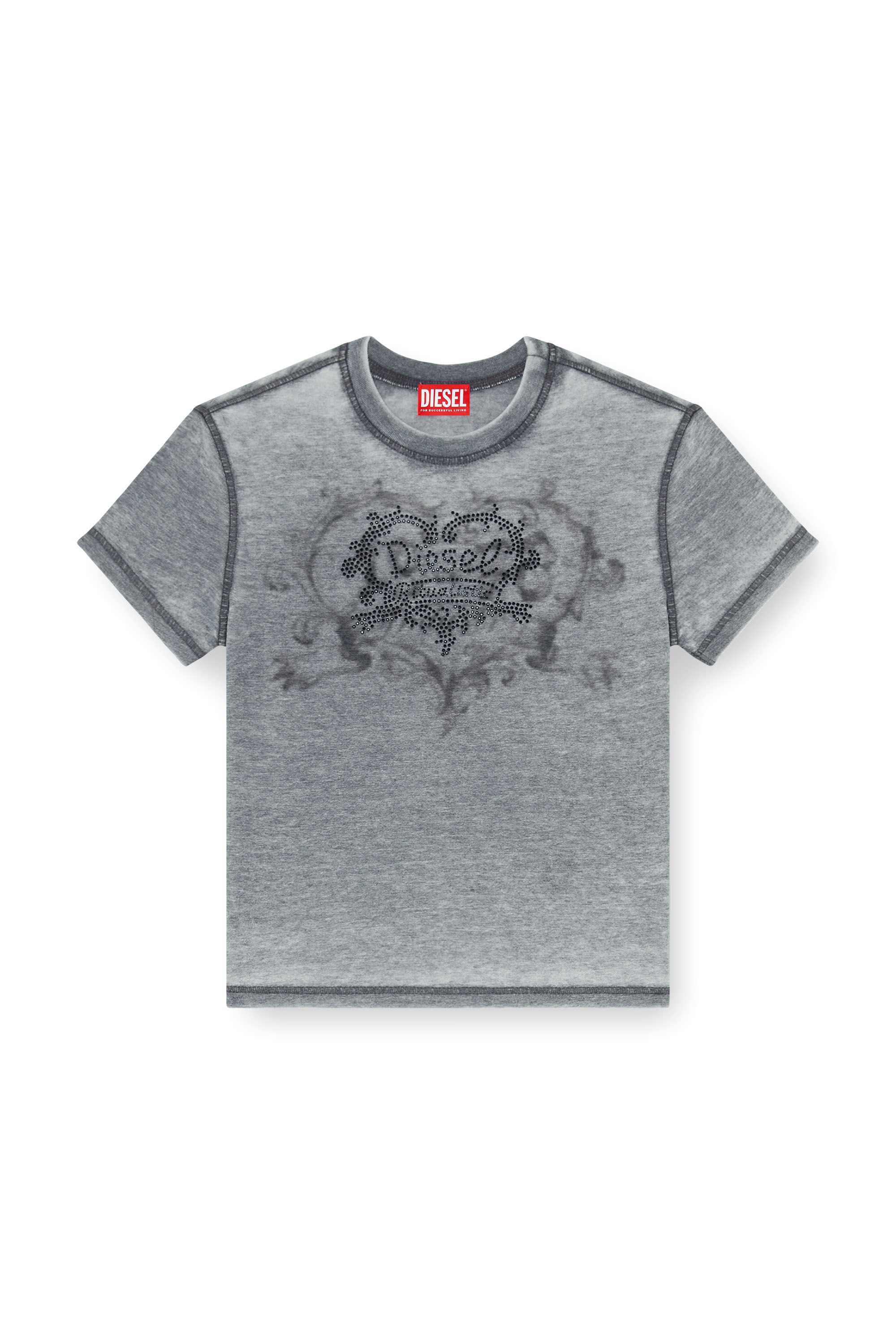 Diesel - T-ILA-AA1, T-shirt in jersey con strass ed effetto burnout Donna in Grigio - 2