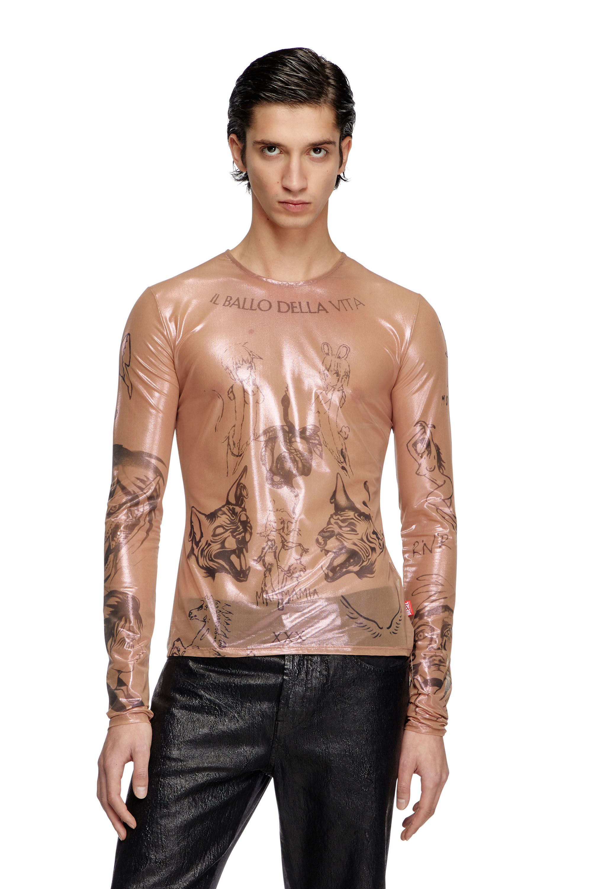 Diesel - T-CLAUDE-DD, Top in tulle stretch effetto tattoo Unisex in Rosa - 3