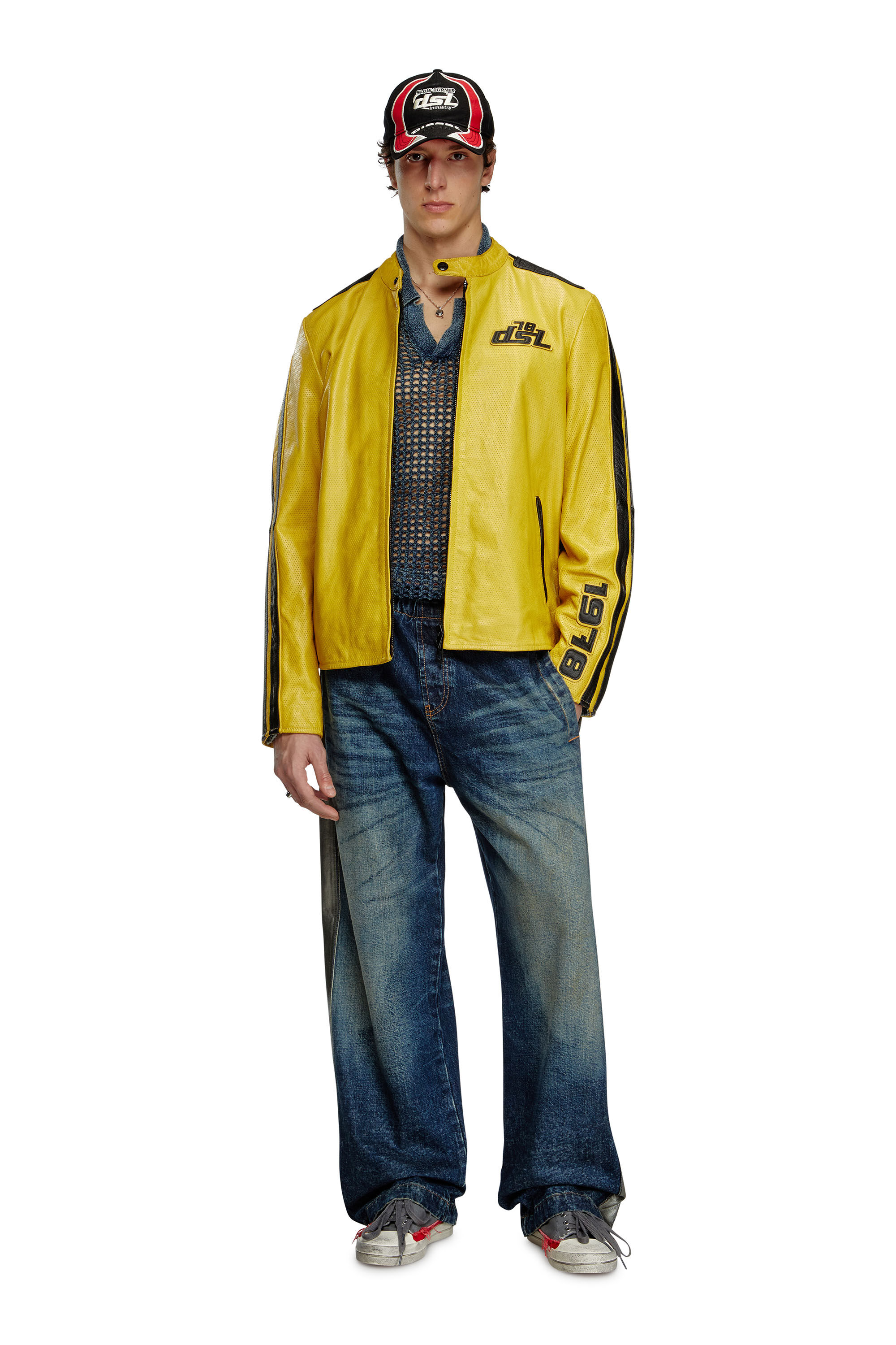 Diesel - L-POP, Giacca biker in pelle traforata Unisex in Giallo - 1