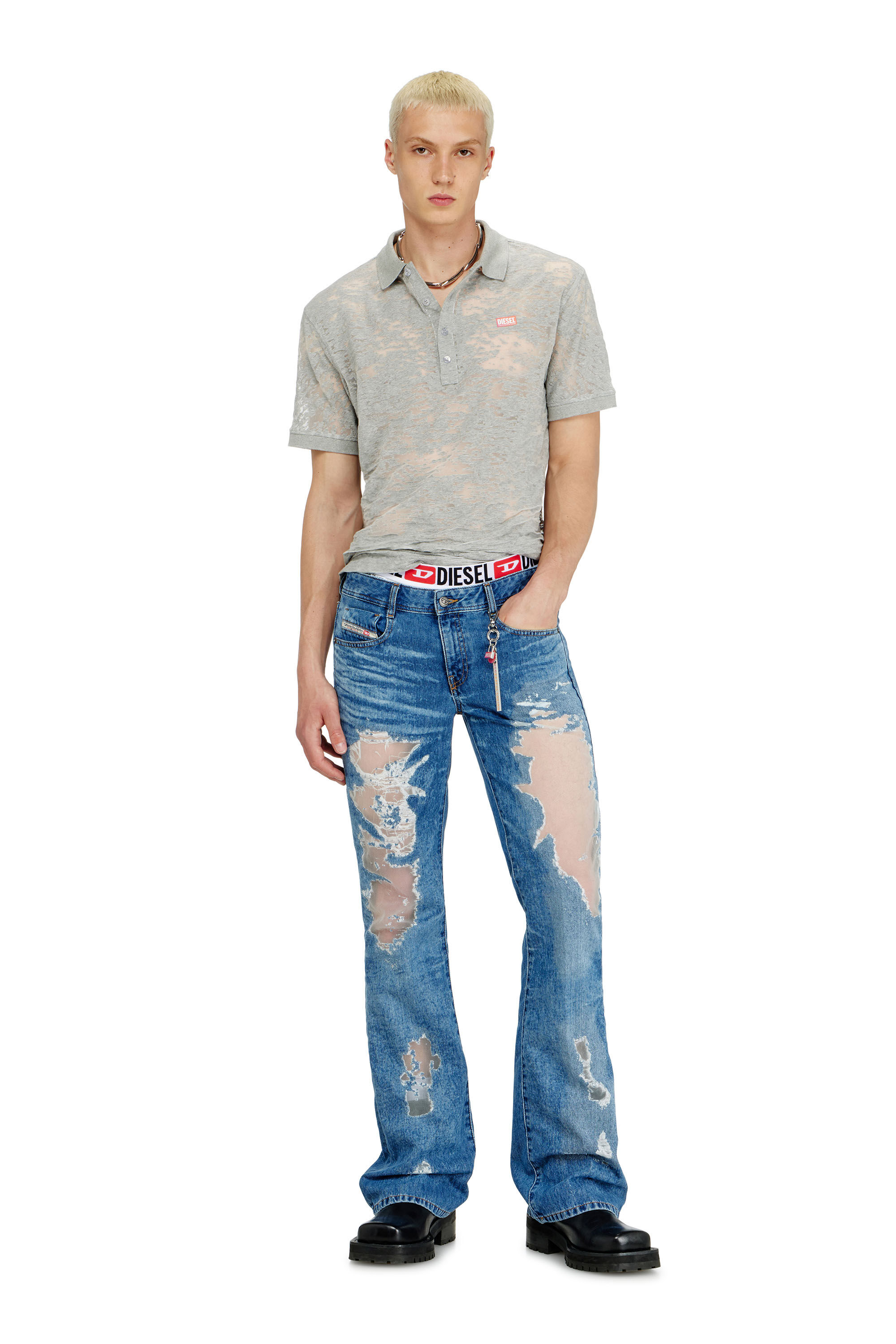 Diesel - PR-T-REJUST, Polo in jersey all-over devor&eacute; Uomo in Grigio - 1