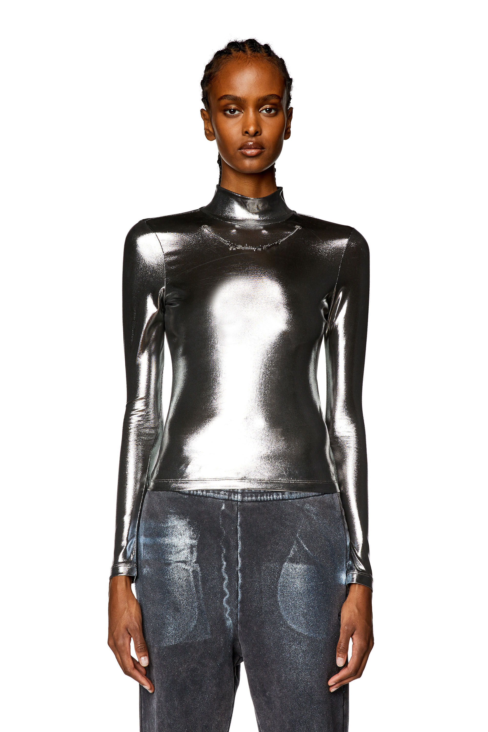 Diesel - T-META, Top metallico con catena Donna in Nero - 6