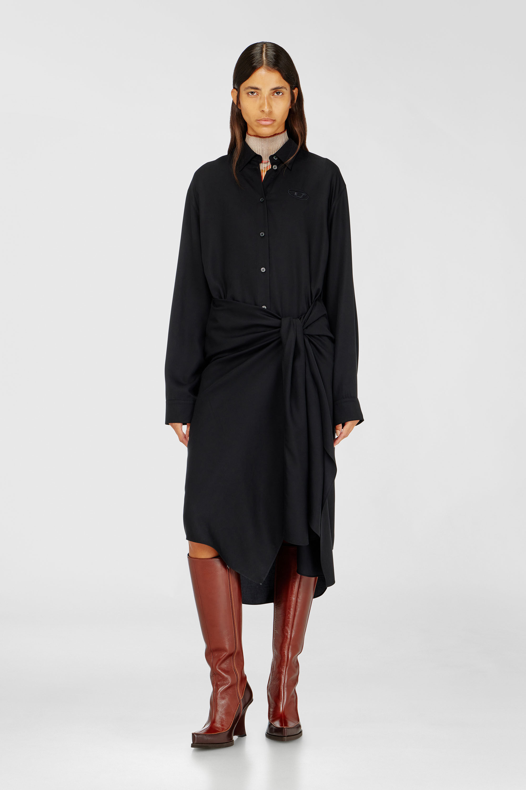Diesel - D-ILETTA-S1, Abito a camicia midi con dettagli intrecciato Donna in Nero - 3