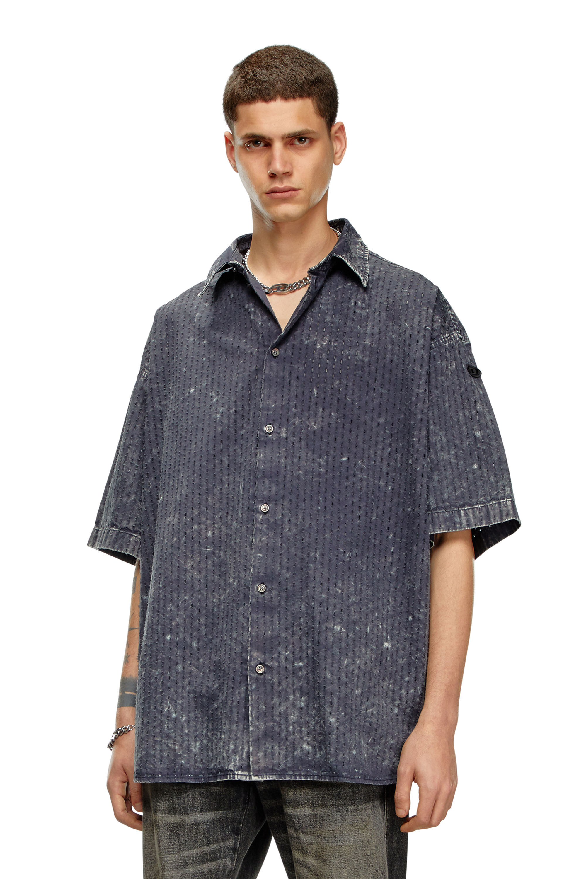 Diesel - S-LAZER, Man Perforated acid-wash short-sleeve shirt in Grey - Image 3