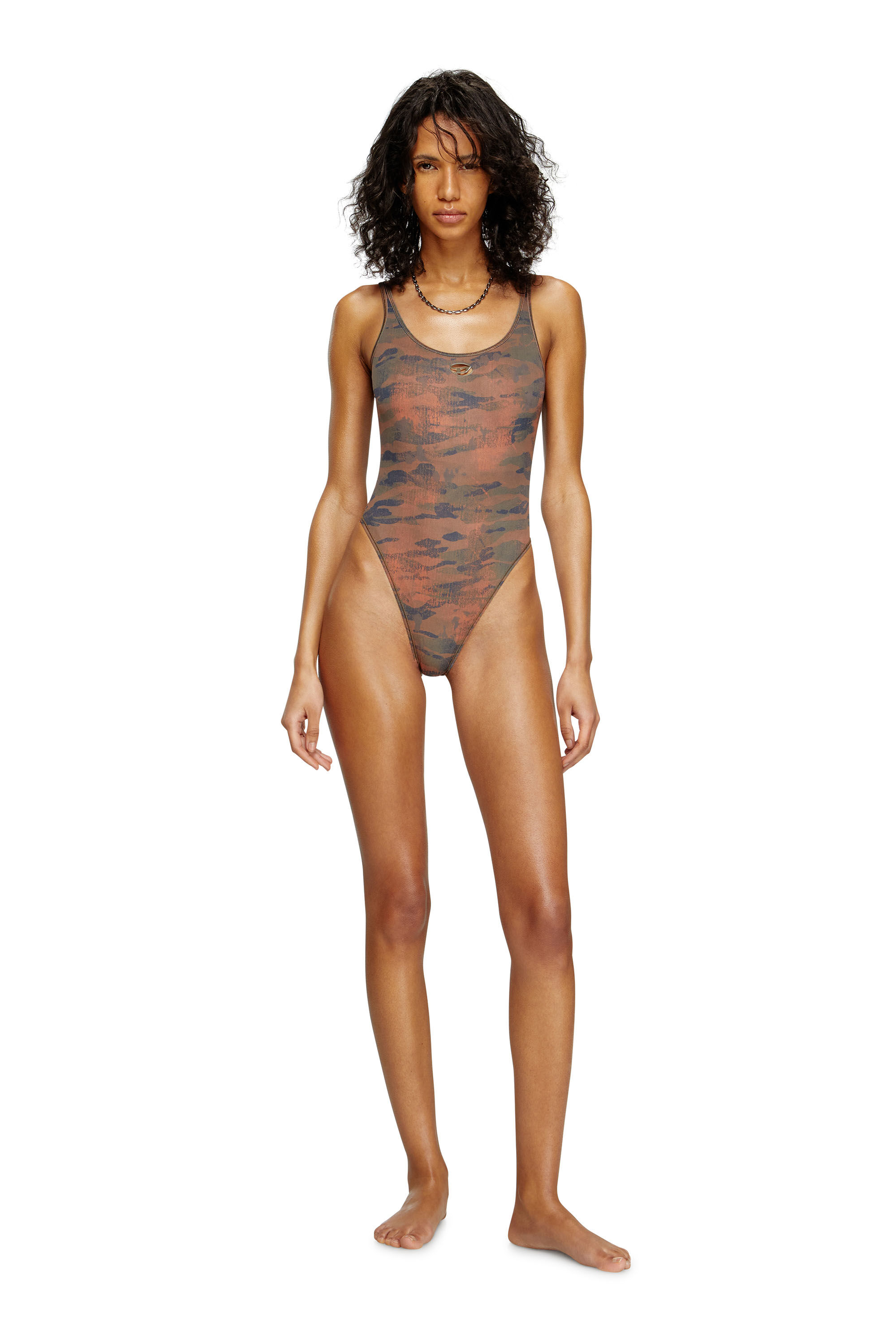 Diesel - UT-BODY-UTLT, Costume da bagno camouflage con logo cut-out Donna in Marrone - 2