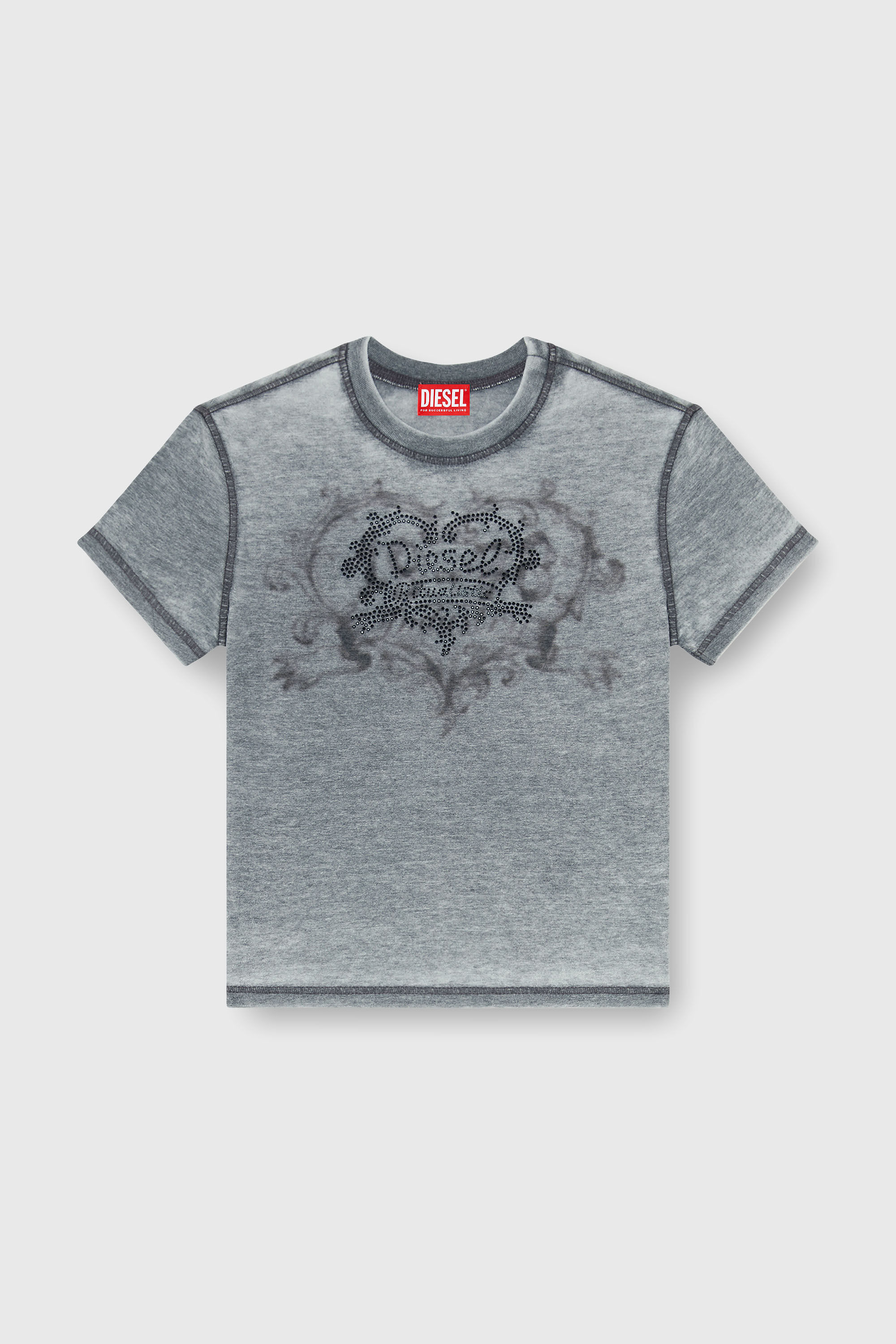 Diesel - T-ILA-AA1, T-shirt in jersey con strass ed effetto burnout Donna in Grigio - 2