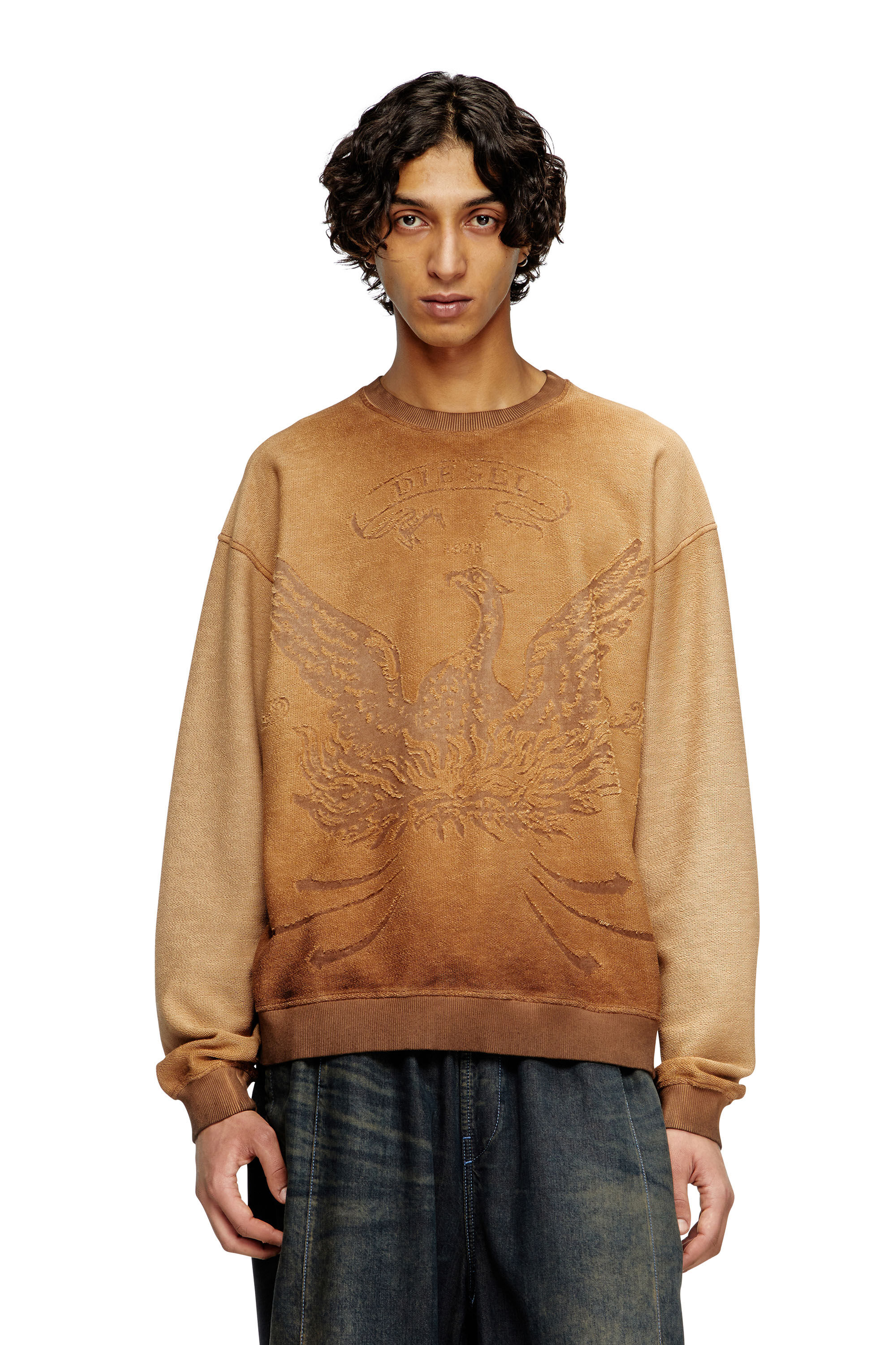 Diesel - S-ARON, Felpa sfumata con logo Phoenix devoré Uomo in Marrone - 3