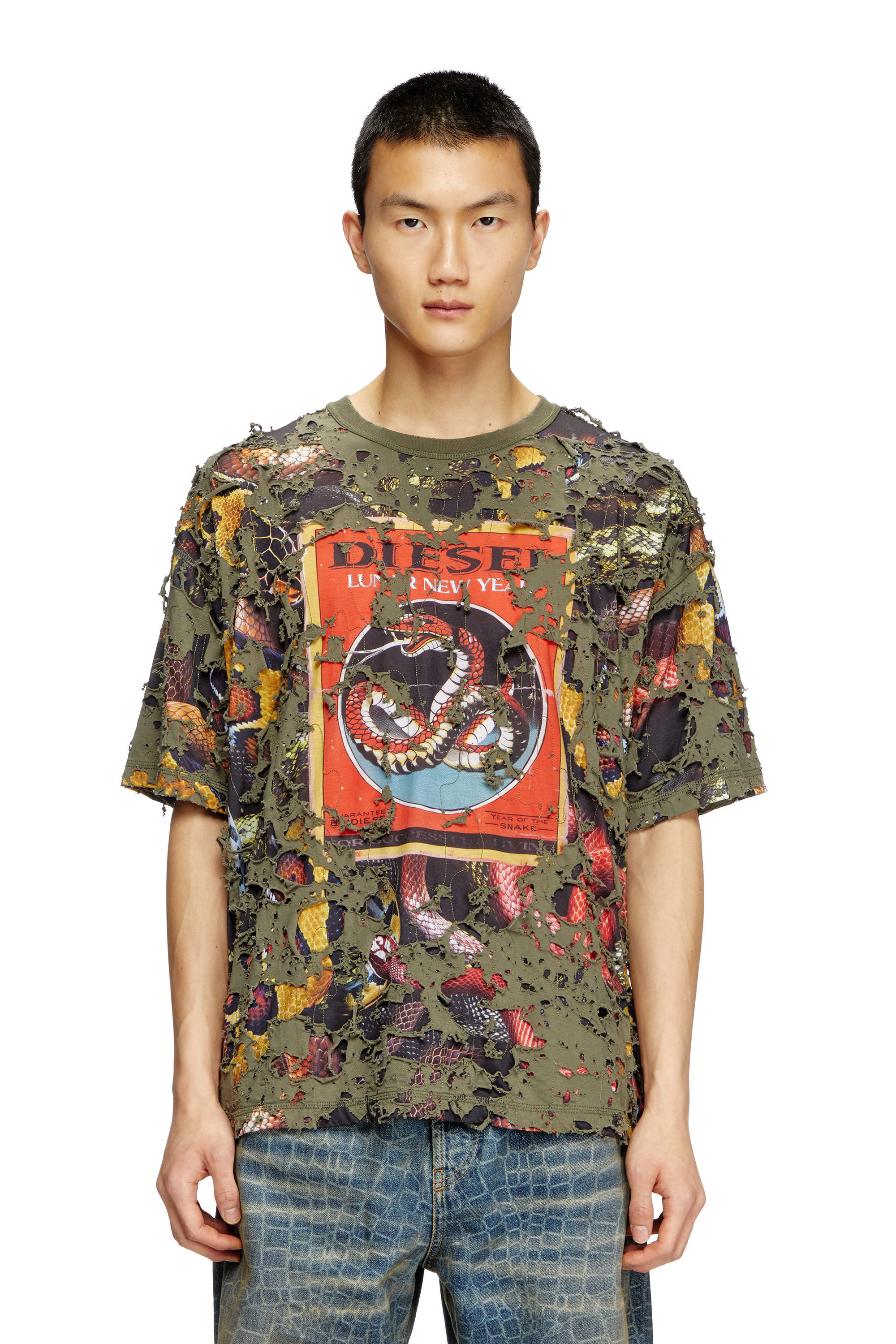 Diesel - CL-T-BOXT-DEVOR-SNAKE, T-shirt stampa snake con strato destroyed Unisex in Verde - 3