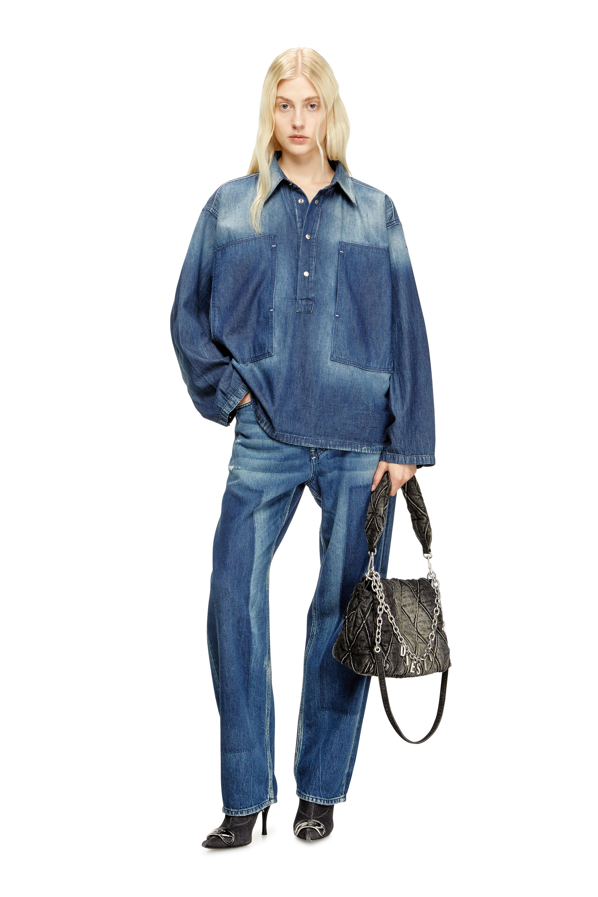 Diesel - DE-PRISS, Top Henley in denim a contrasto Donna in Blu - 1