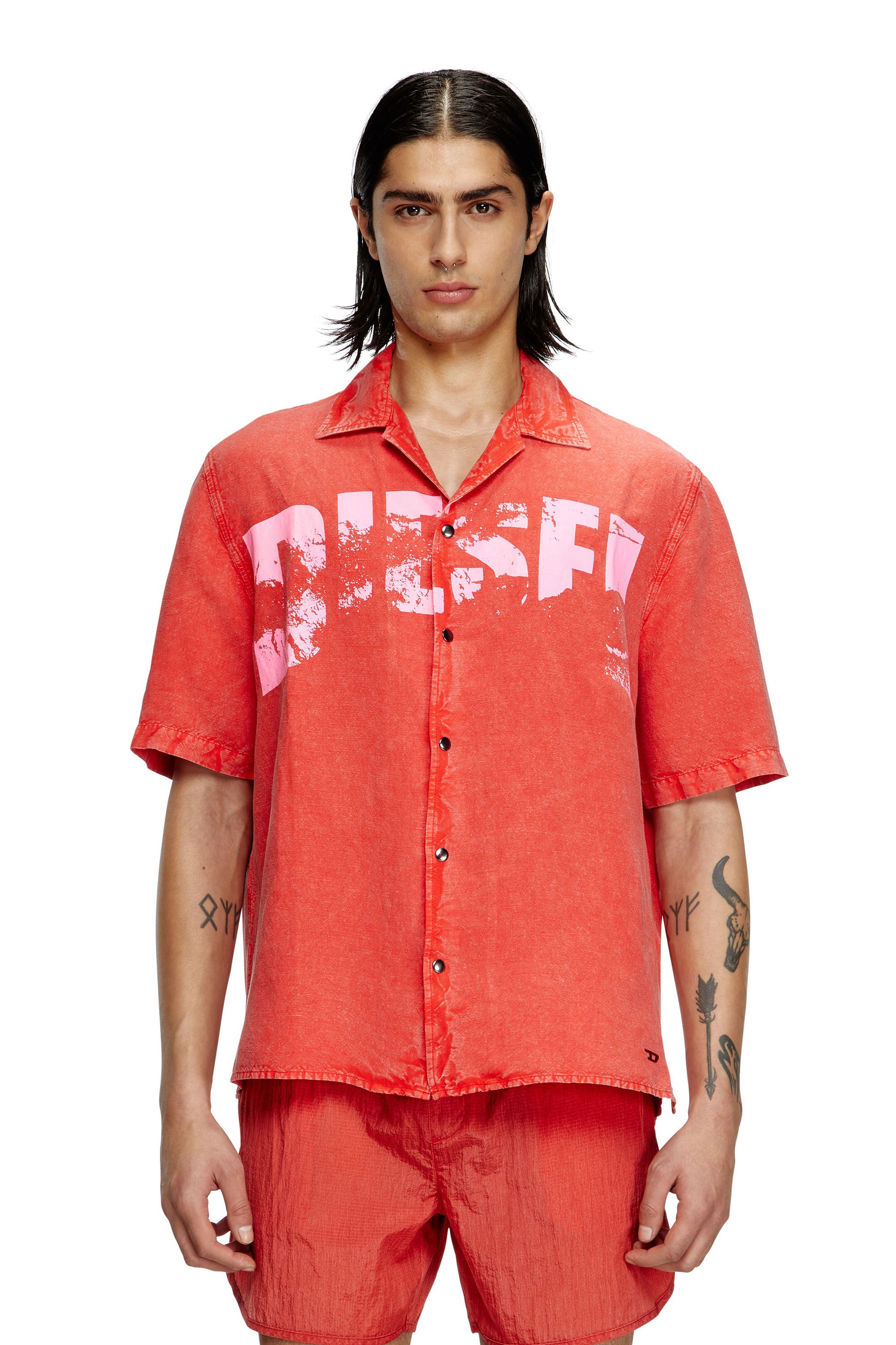 Diesel - CHARLES-D-POP, Camicia da mare in misto lino Uomo in Rosso - 1