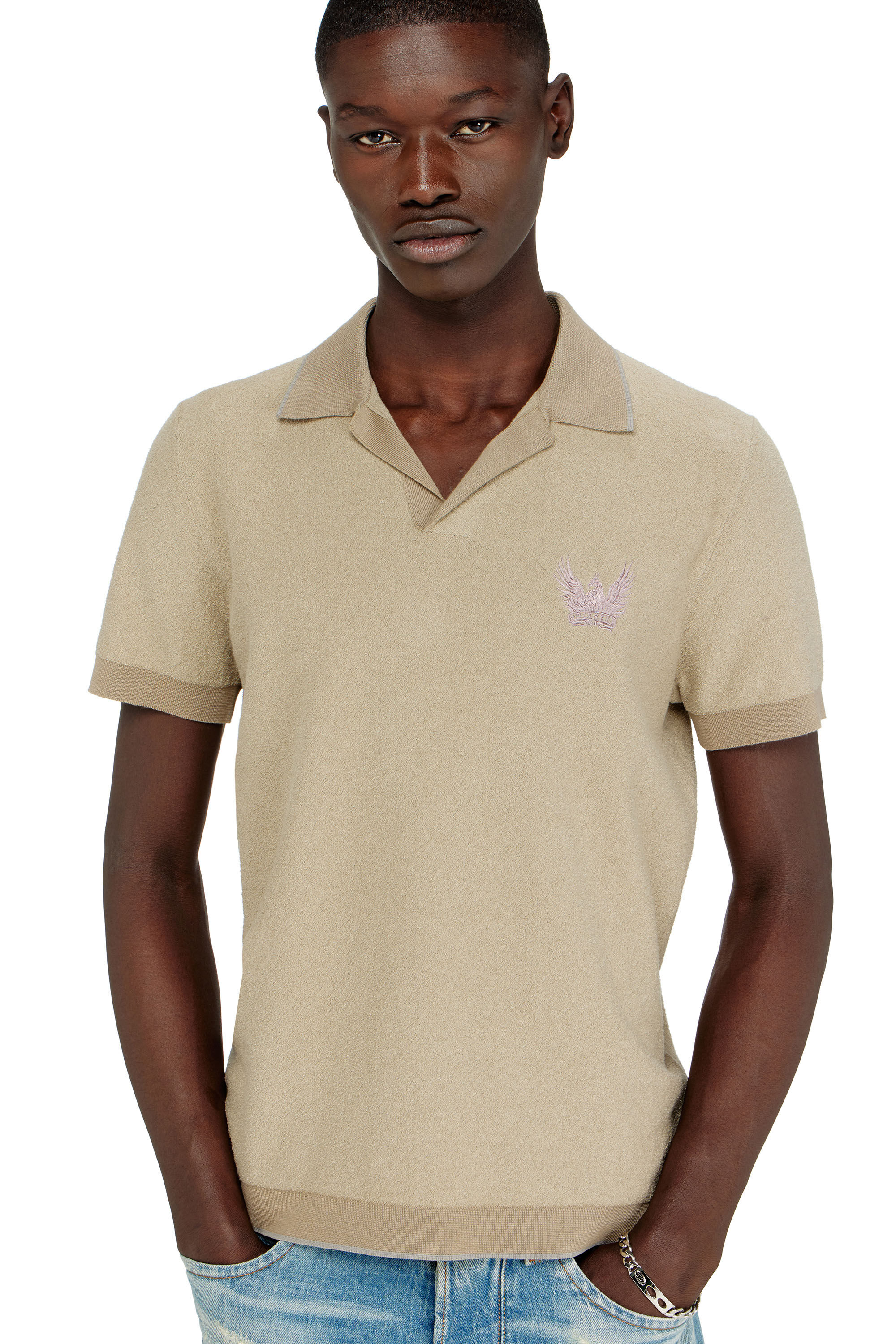 Diesel - K-RAILES, Polo in maglia boucl&eacute; con logo Phoenix Uomo in Beige - 5