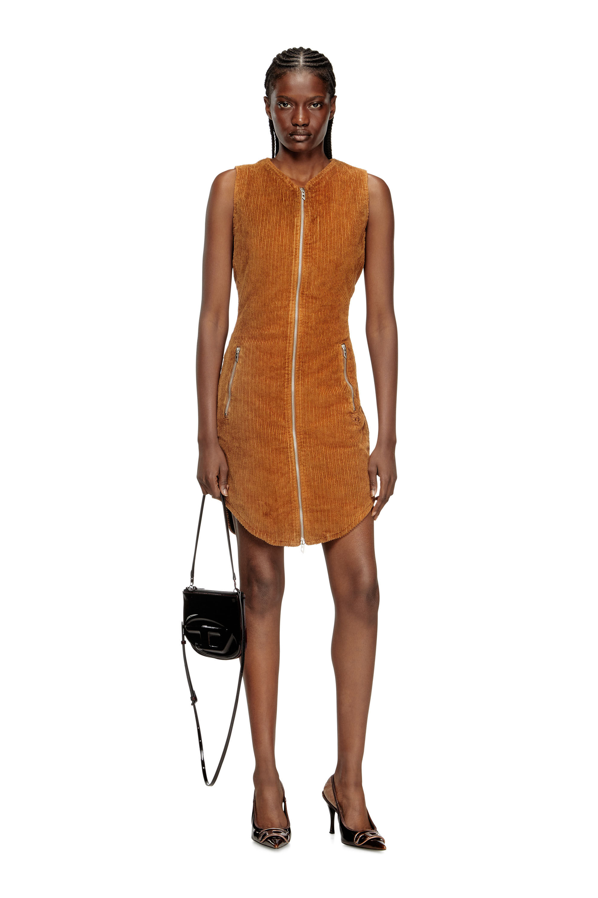 Diesel - D-ENEA, Mini abito in cotone con zip frontale Donna in Marrone - 1