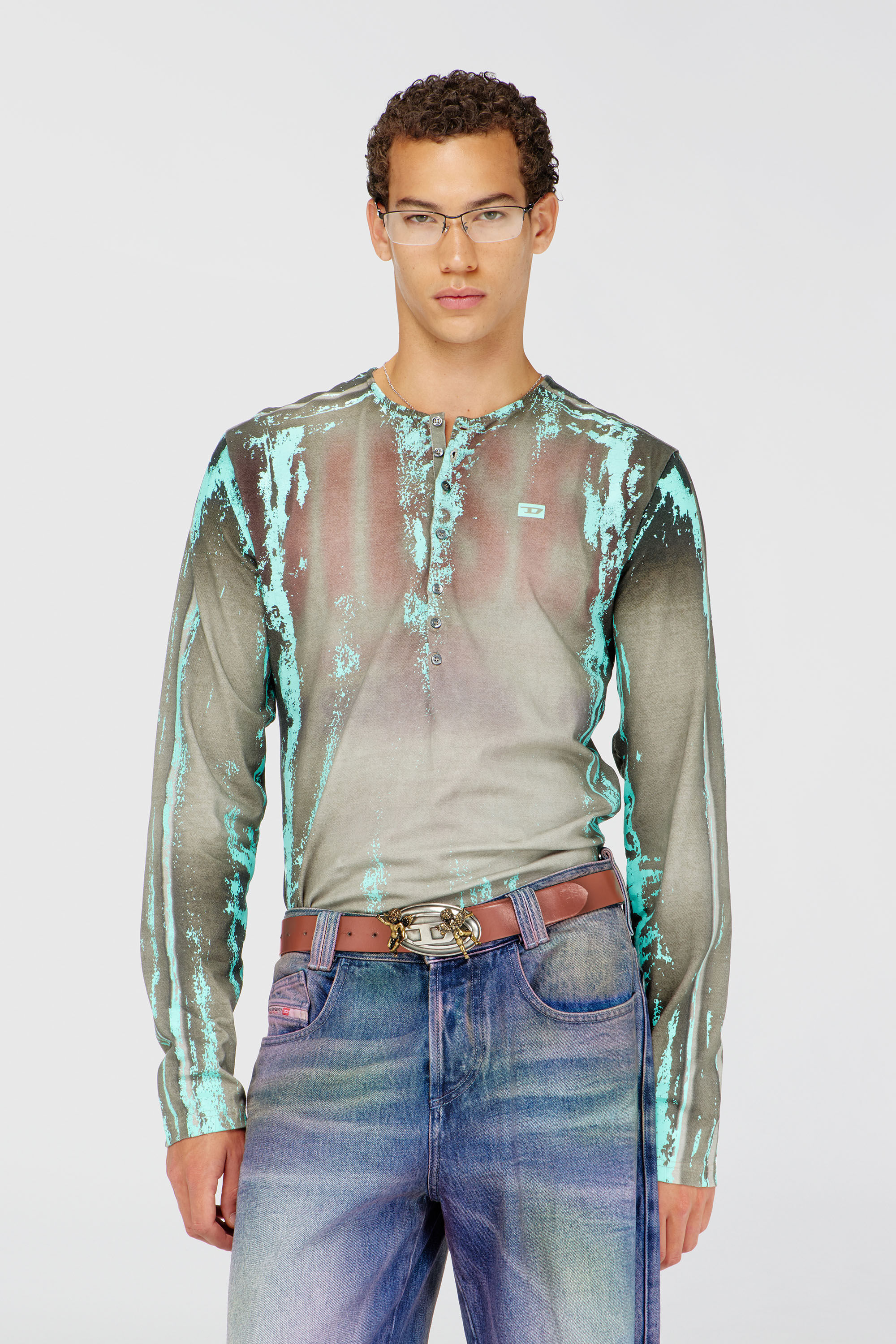 Diesel - T-FYNO-ML, Grandad T-shirt in jersey effetto pelle craquel&eacute; Uomo in Multicolor - 3