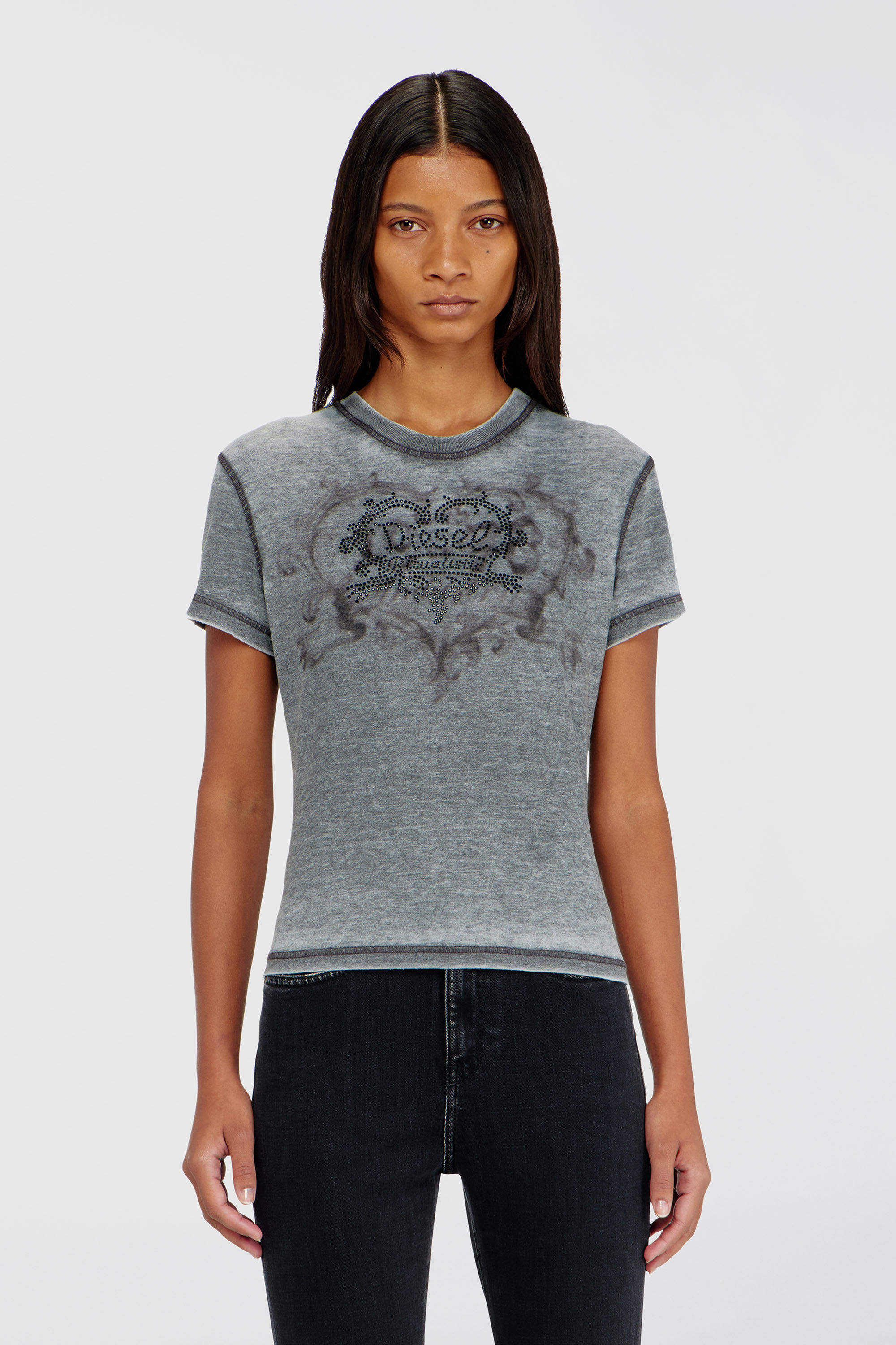 Diesel - T-ILA-AA1, T-shirt in jersey con strass ed effetto burnout Donna in Grigio - 3