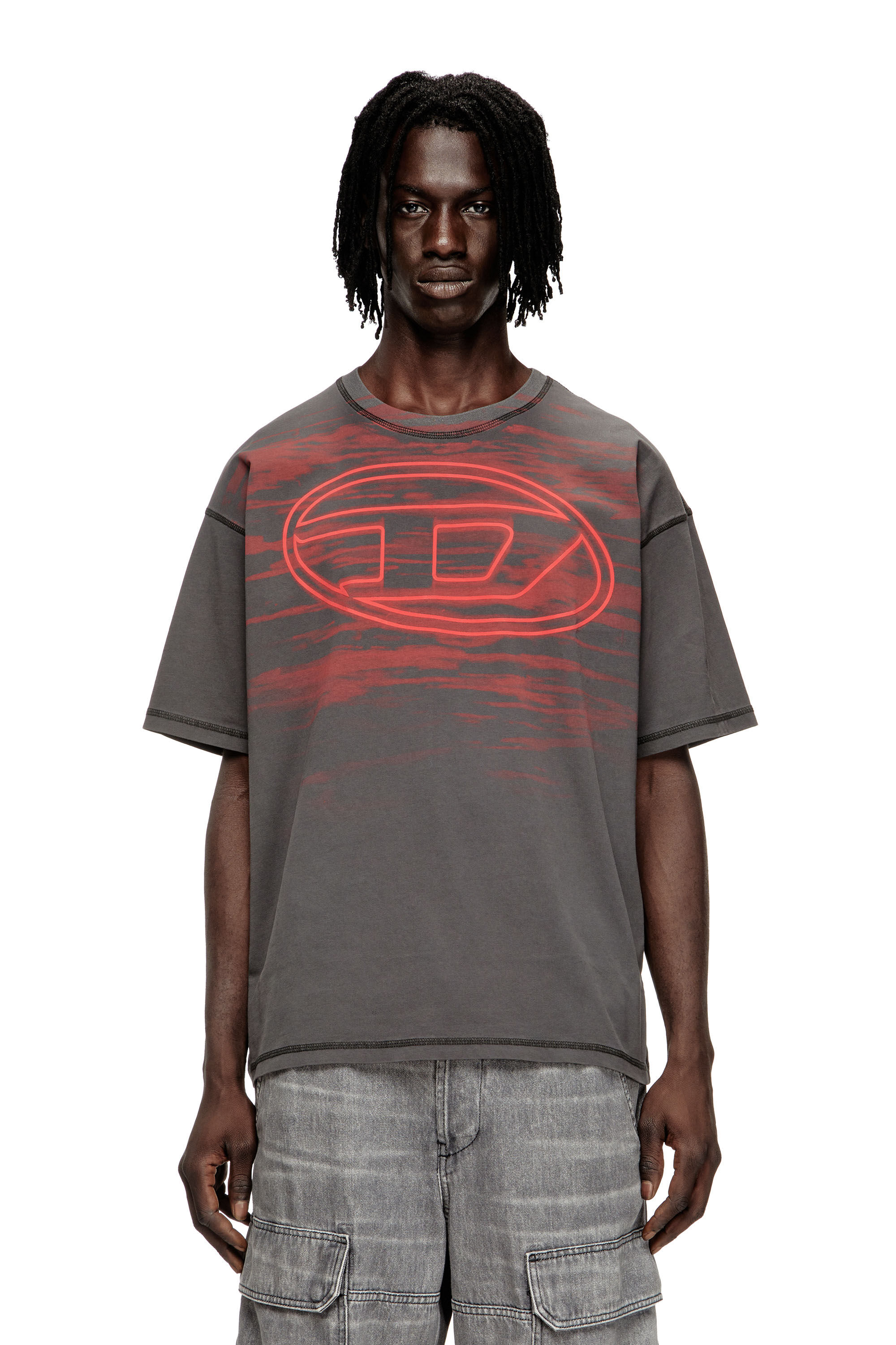 T-shirt in cotone con stampa Oval D Uomo | Grigio | Diesel