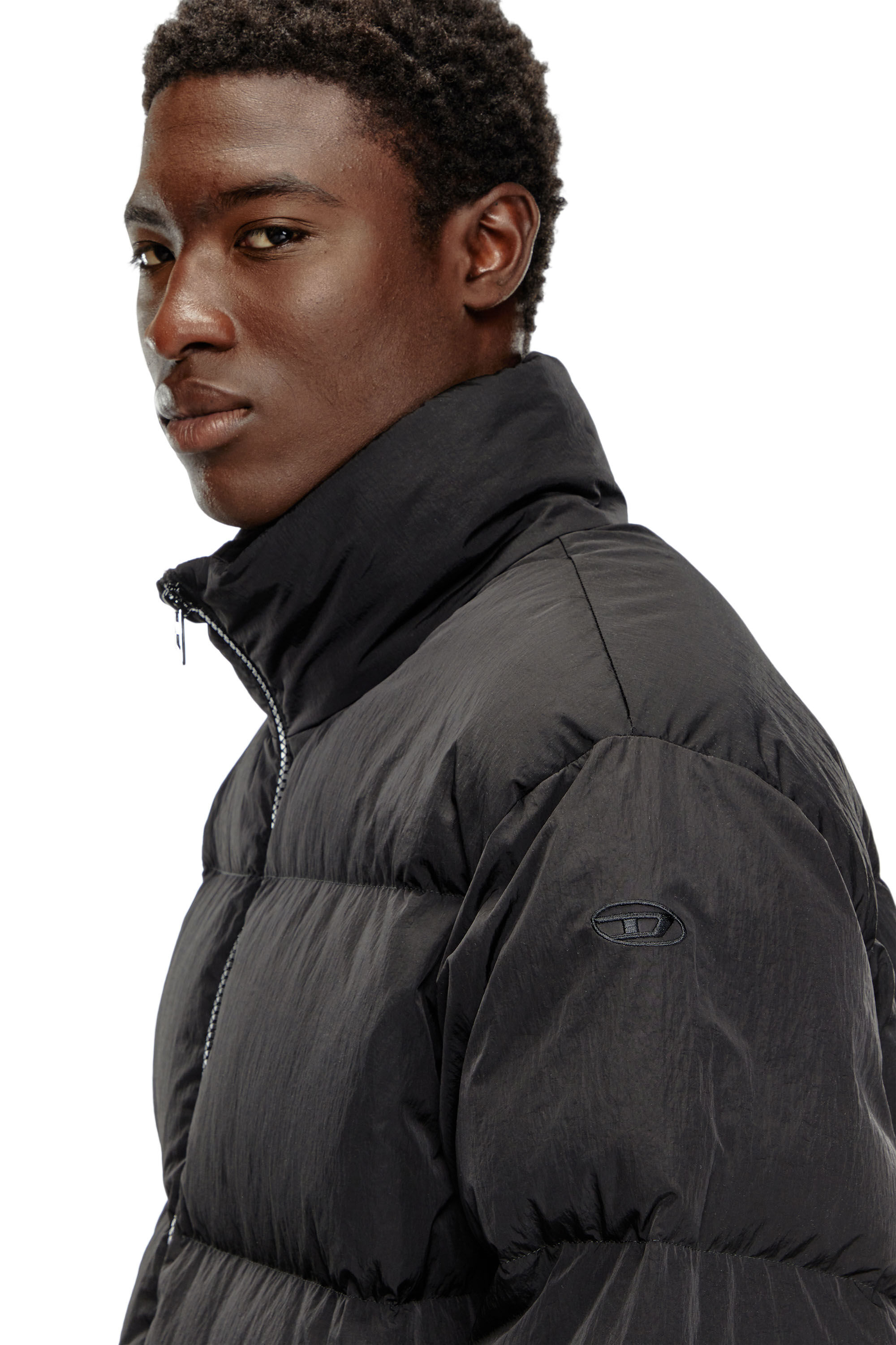 Men s Longline down jacket in crinkled nylon Black Diesel