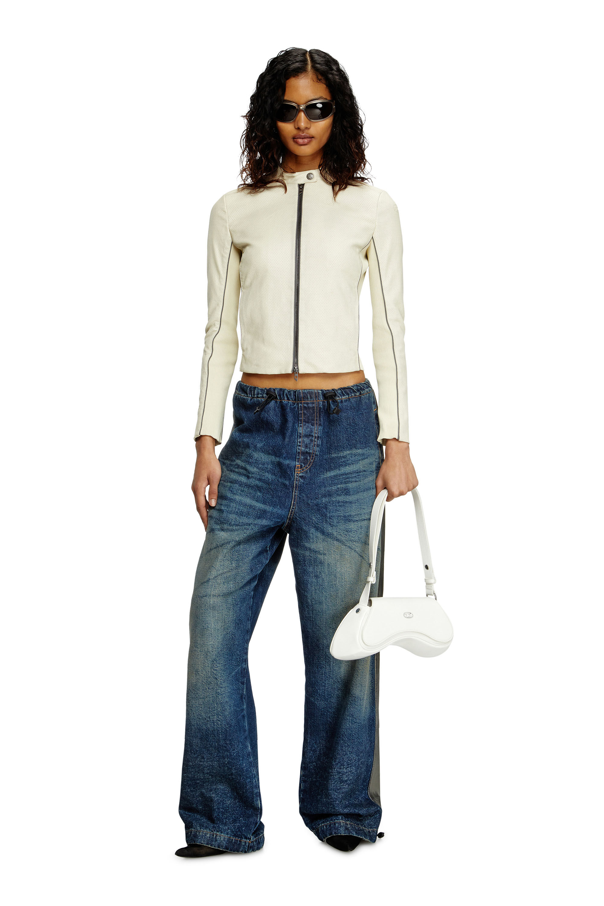 Diesel - L-IBRA, Giacca biker in pelle stretch traforata Donna in Bianco - 1