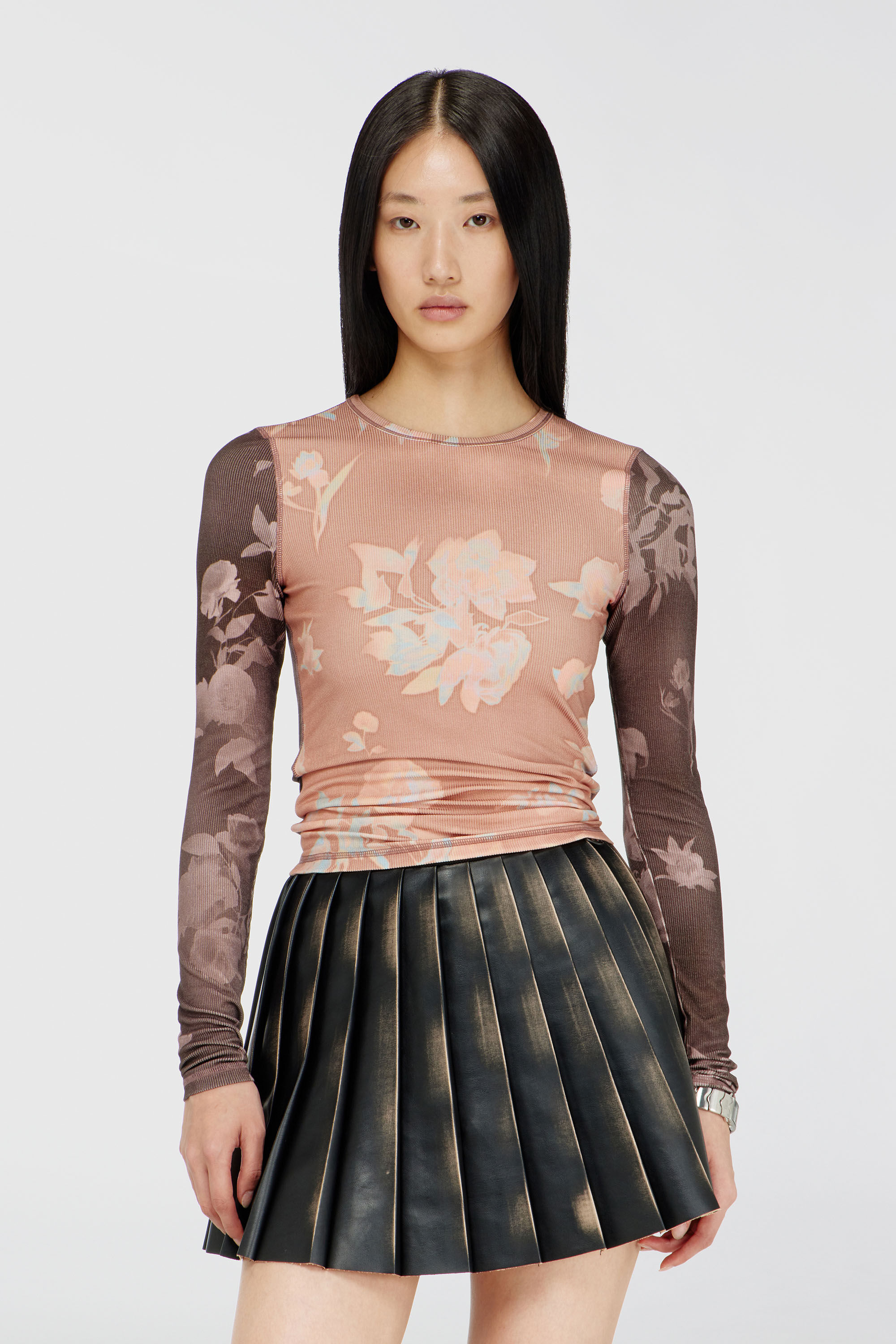 Diesel - T-MOKY-LS, Top in jersey a costine con stampa floreale Donna in Rosa - 3