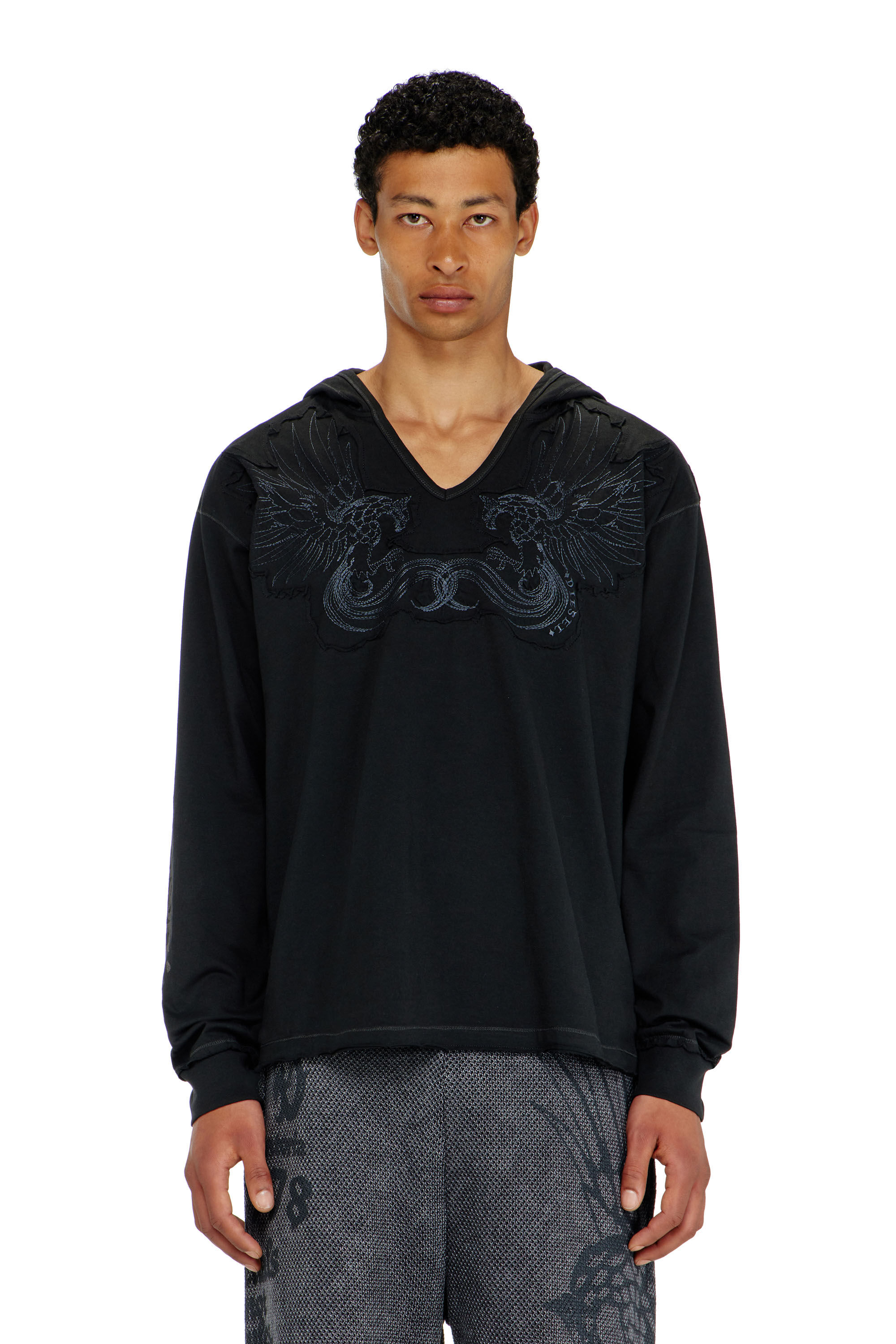Diesel - T-PHEN-LS-HOOD-RIB, Hoodie con scollo a V e ricamo frontale Uomo in Nero - 3