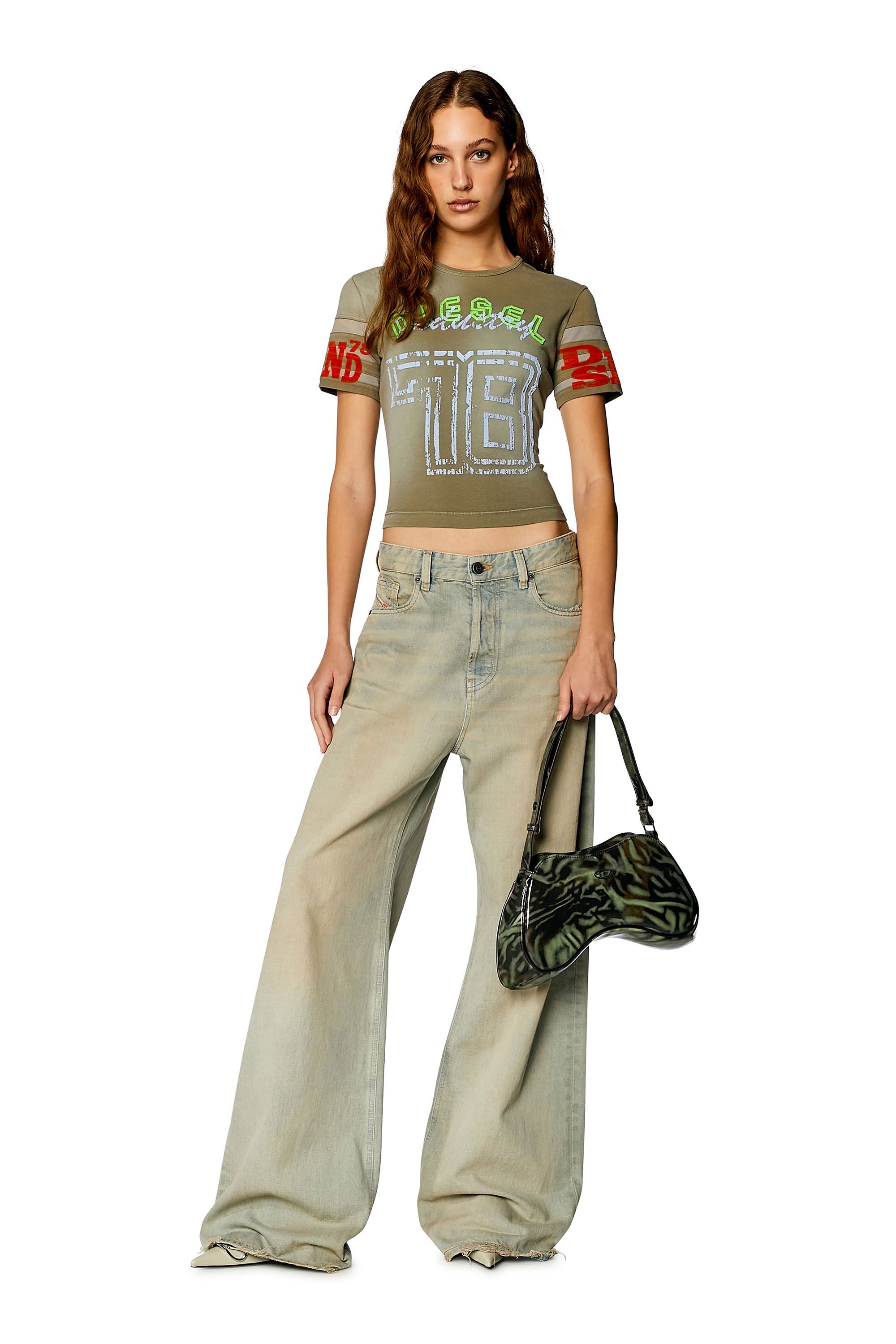 Diesel - T-UNCUSL, Woman T-shirt in treated jersey with flock prints in Brown - Image 1