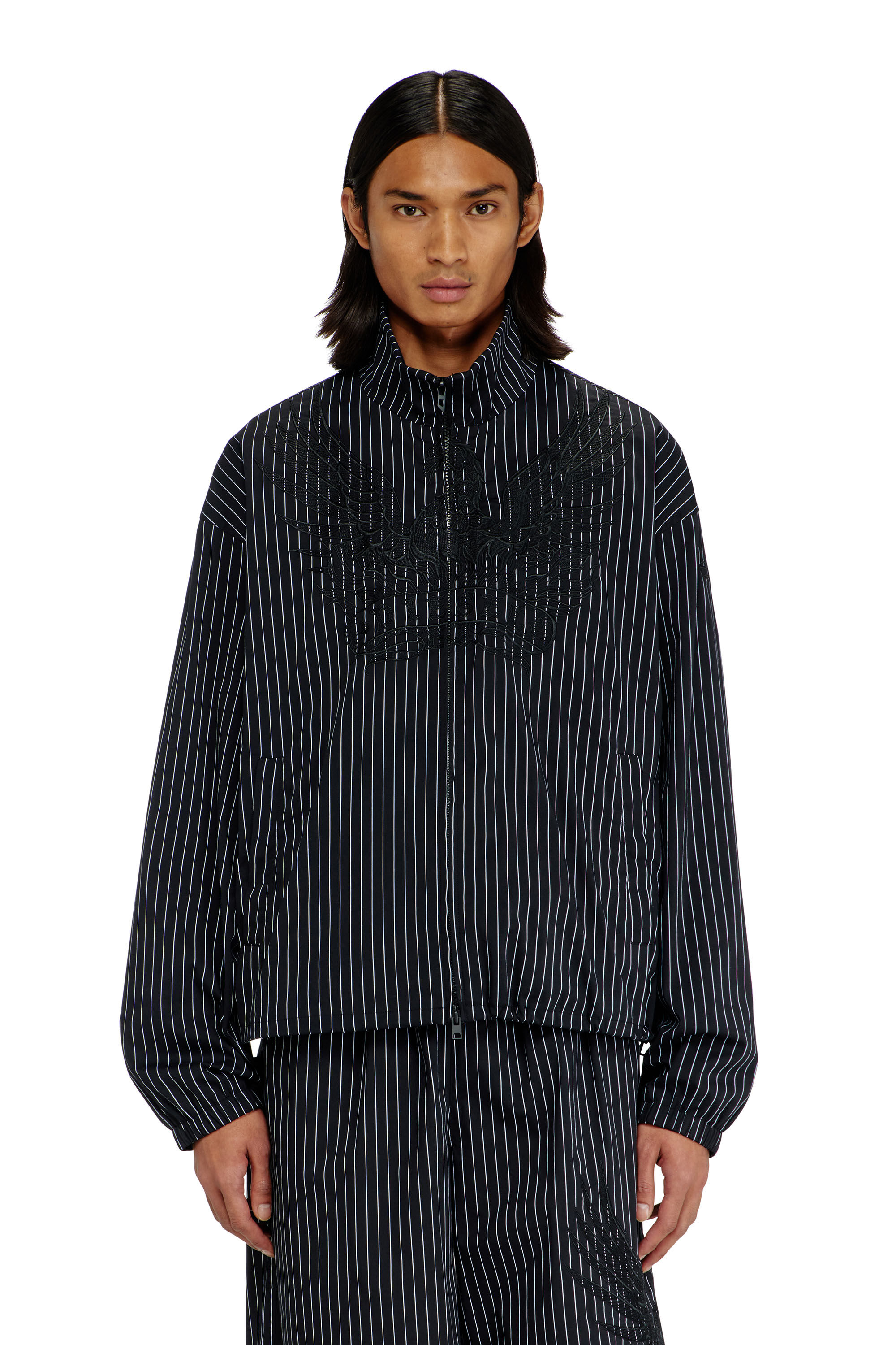 Men's Nylon pinstripe Jacket with Phoenix embroidery | Black | Diesel