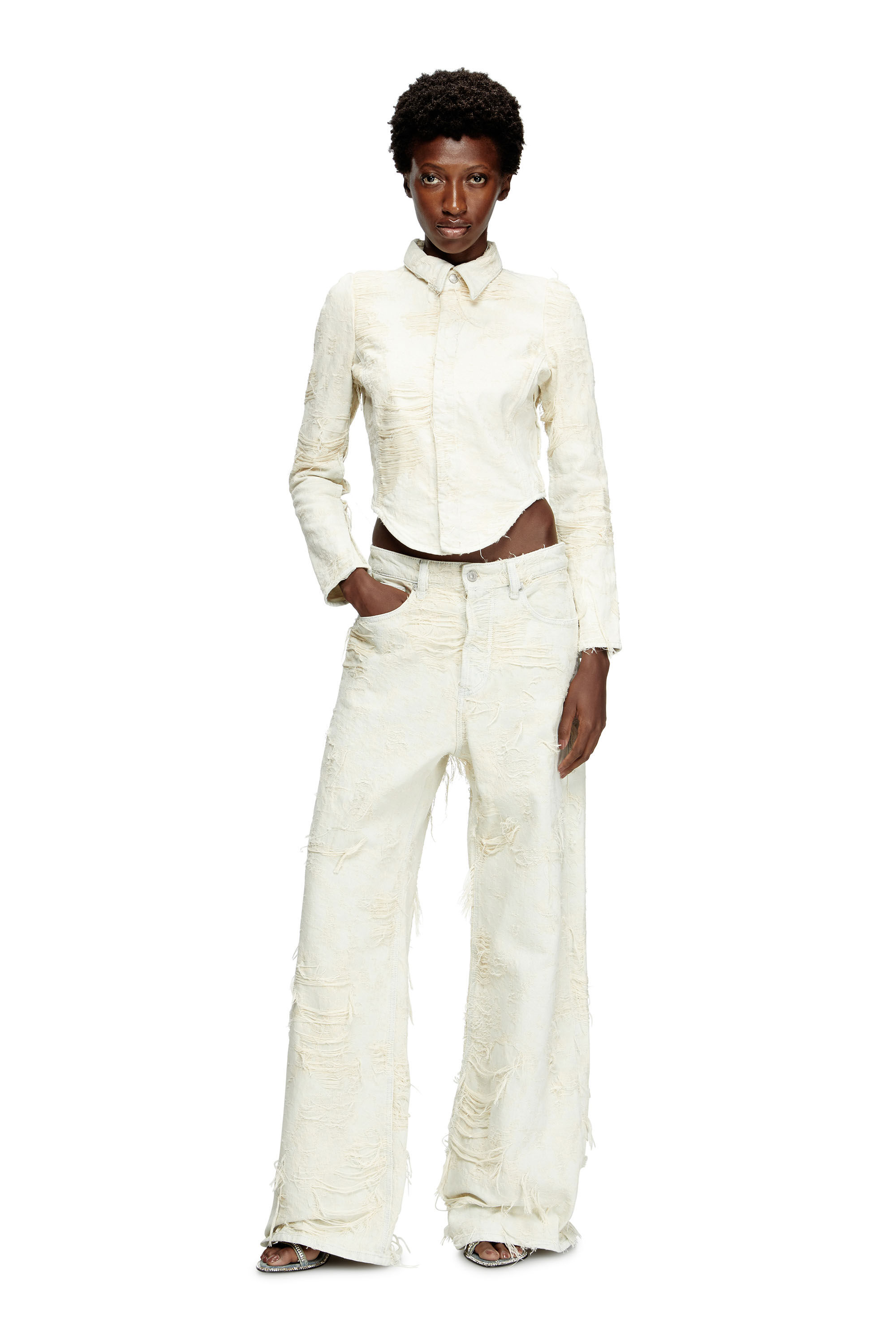 Diesel - DE-MADELINE-FSG, Camicia in denim jacquard con fili fluttuanti Donna in Bianco - 1