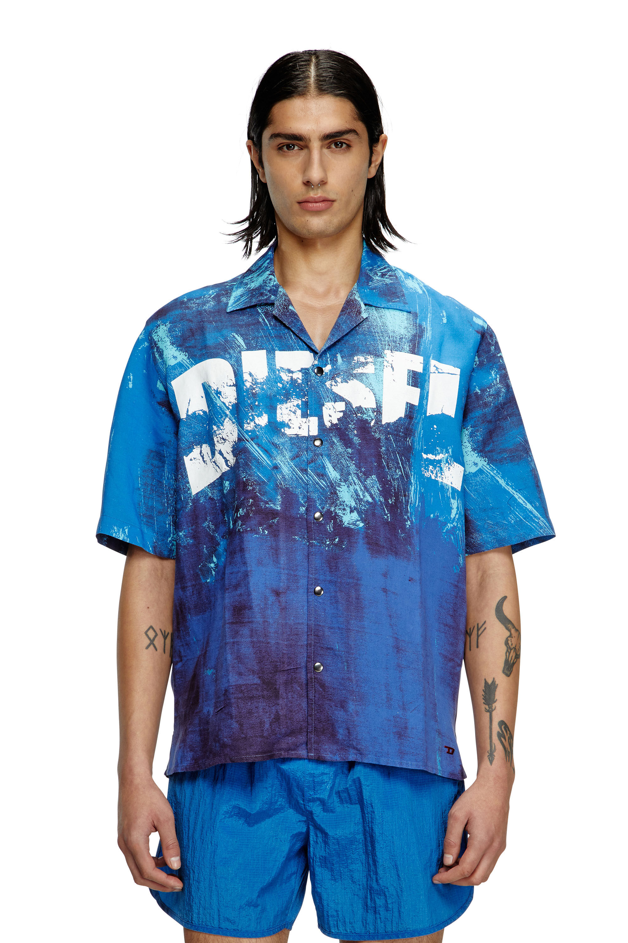 Diesel - CHARLES-D-POP, Camicia da mare in misto lino stampato Uomo in Blu - 1