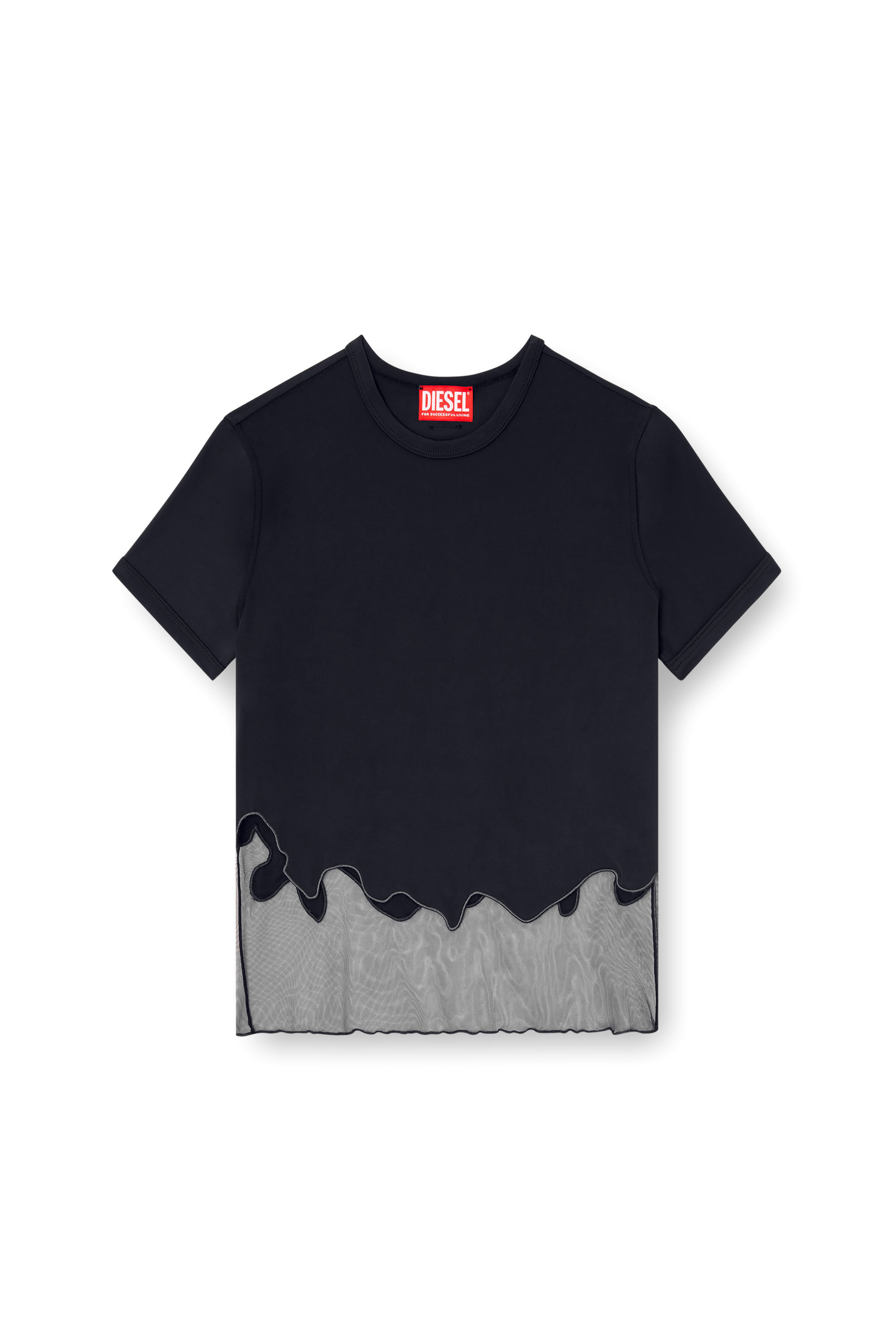 Diesel - T-INLAY-R1, T-shirt in nylon e inserto in tulle Donna in Nero - 2
