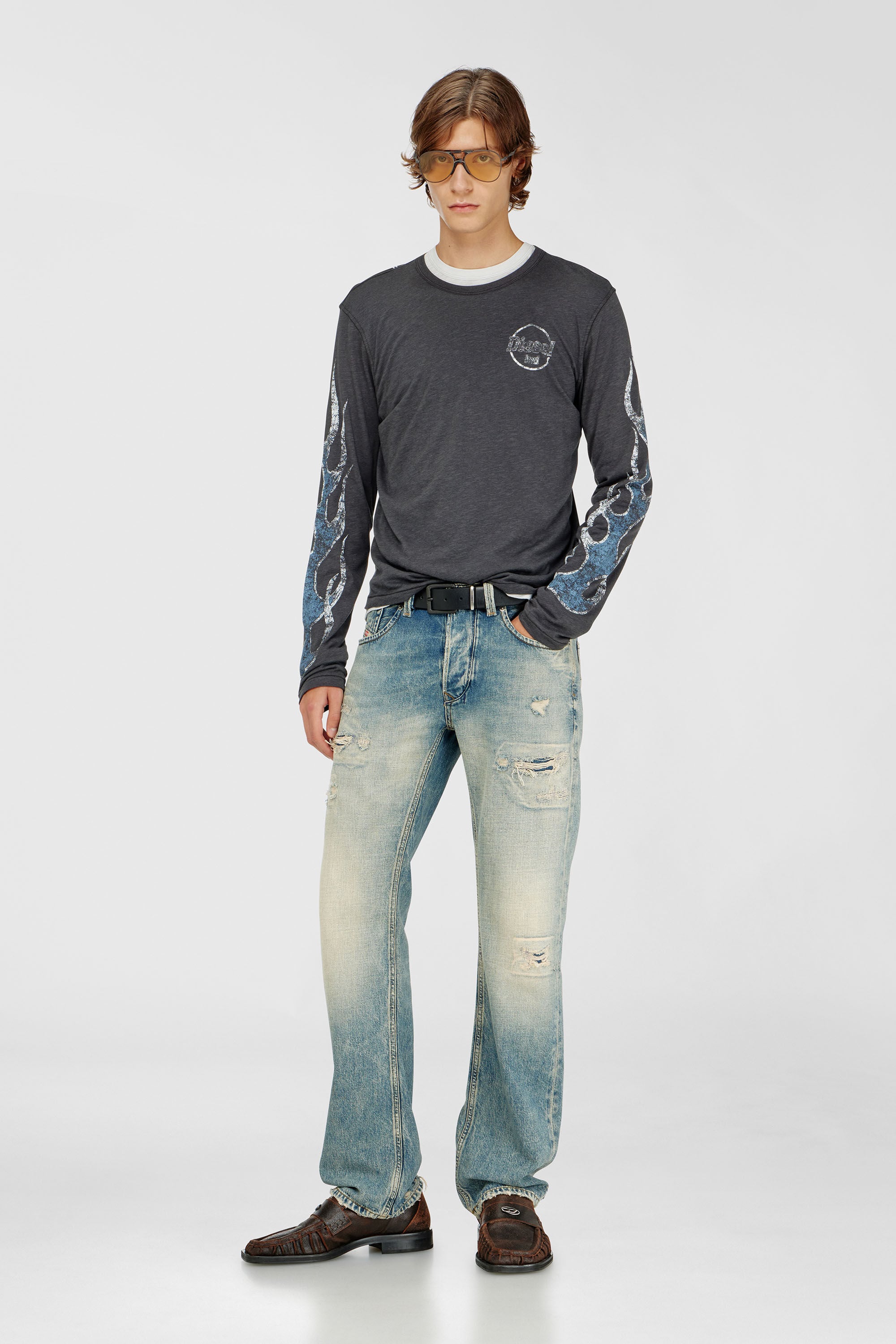 Diesel - T-NOTS-LS, T-shirt a manica lunga in jersey fiammata con stampa crack Uomo in Grigio - 1
