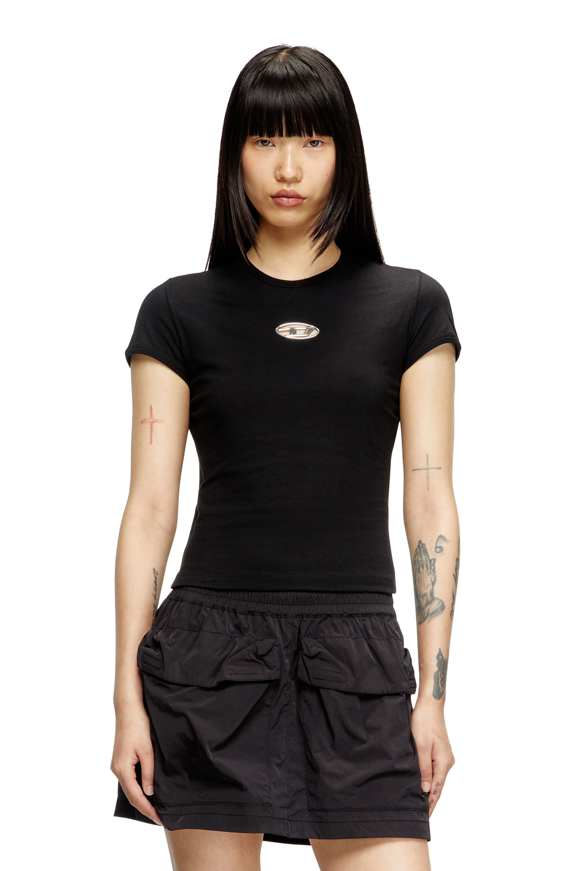 Diesel - T-UNCUTIE-LONG-OD-Q1, T-shirt slim con logo Oval D cut-out Donna in Nero - 3