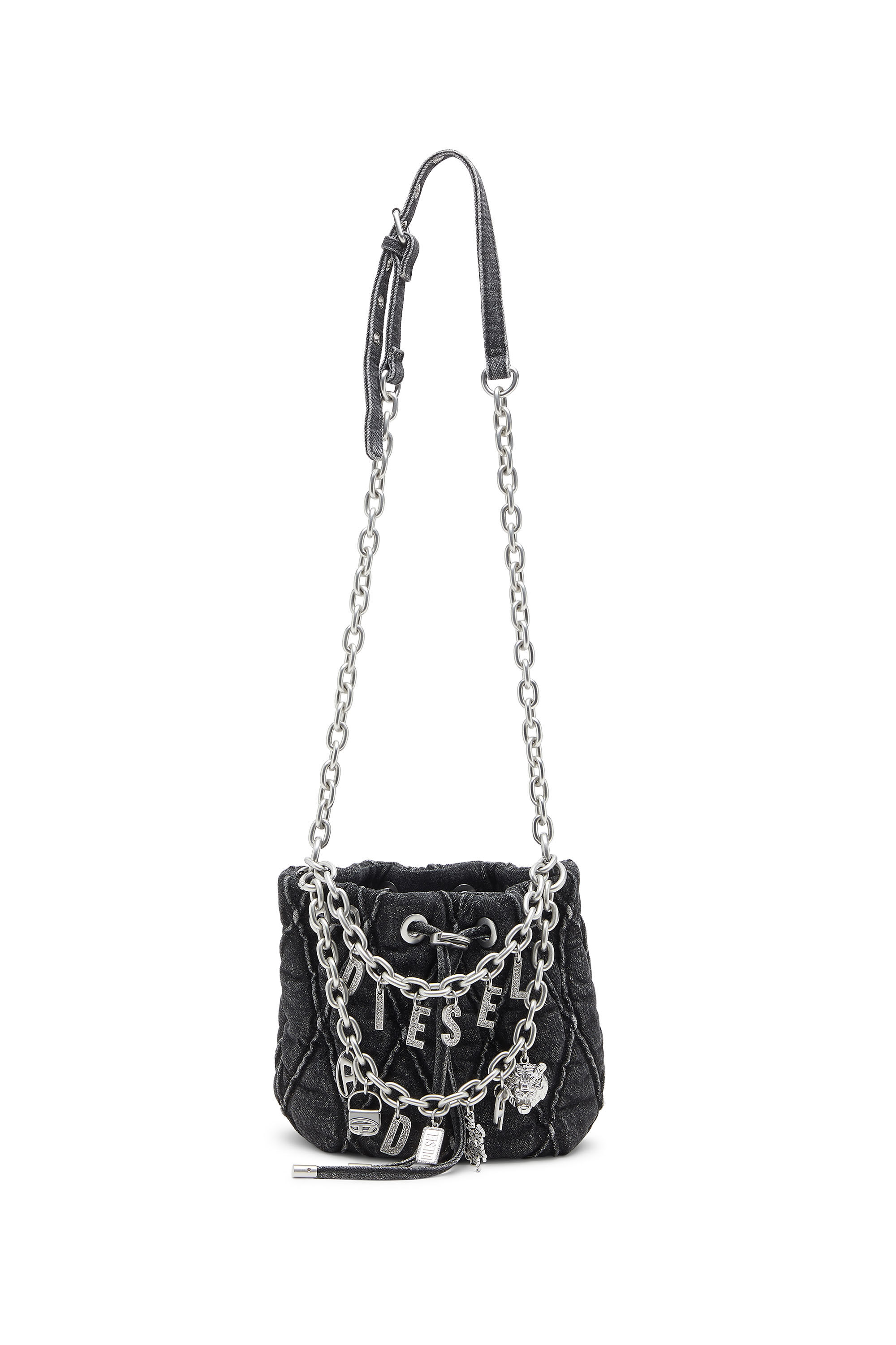Diesel - HOSHI CHARM-D BUCKET S, Borsa bucket in denim trapuntato con charm Donna in Nero - 1