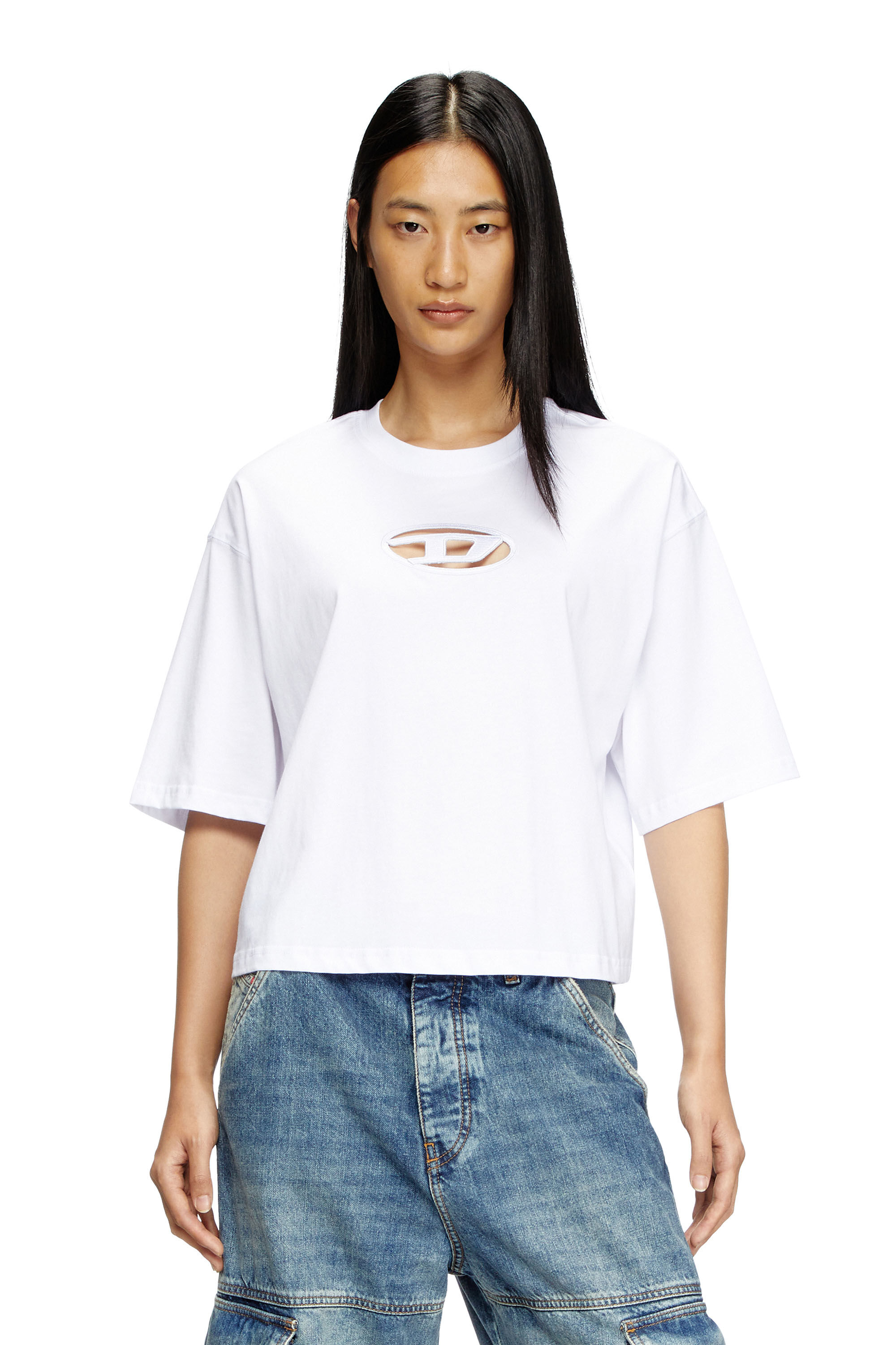 Diesel - T-ROWY-OD, T-shirt boxy con D ricamata Donna in Bianco - 3
