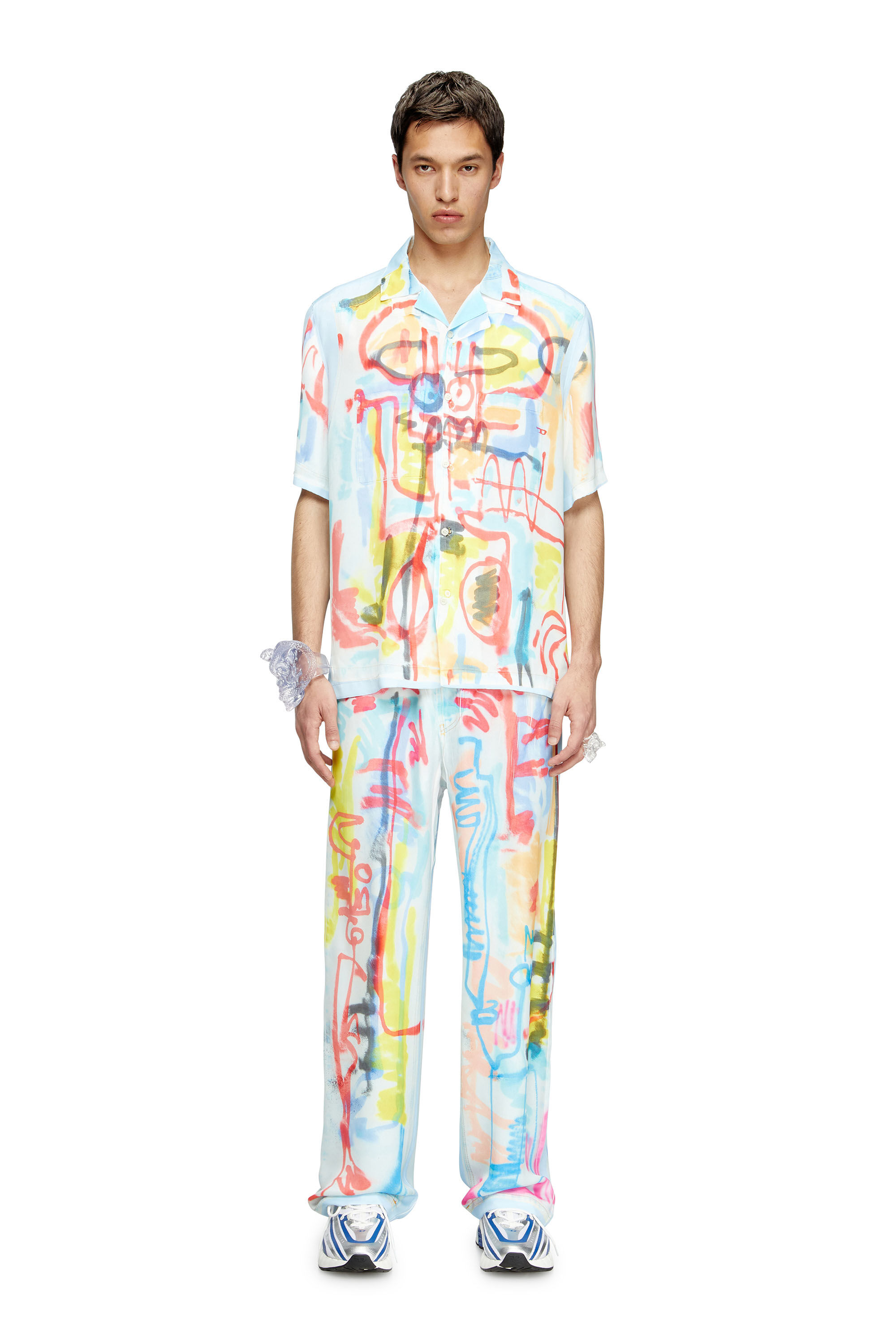 Diesel - C-PAROSHORT-GRAFFITI-AFR, Camicia bowling in raso con stampa graffiti Unisex in Blu - 1