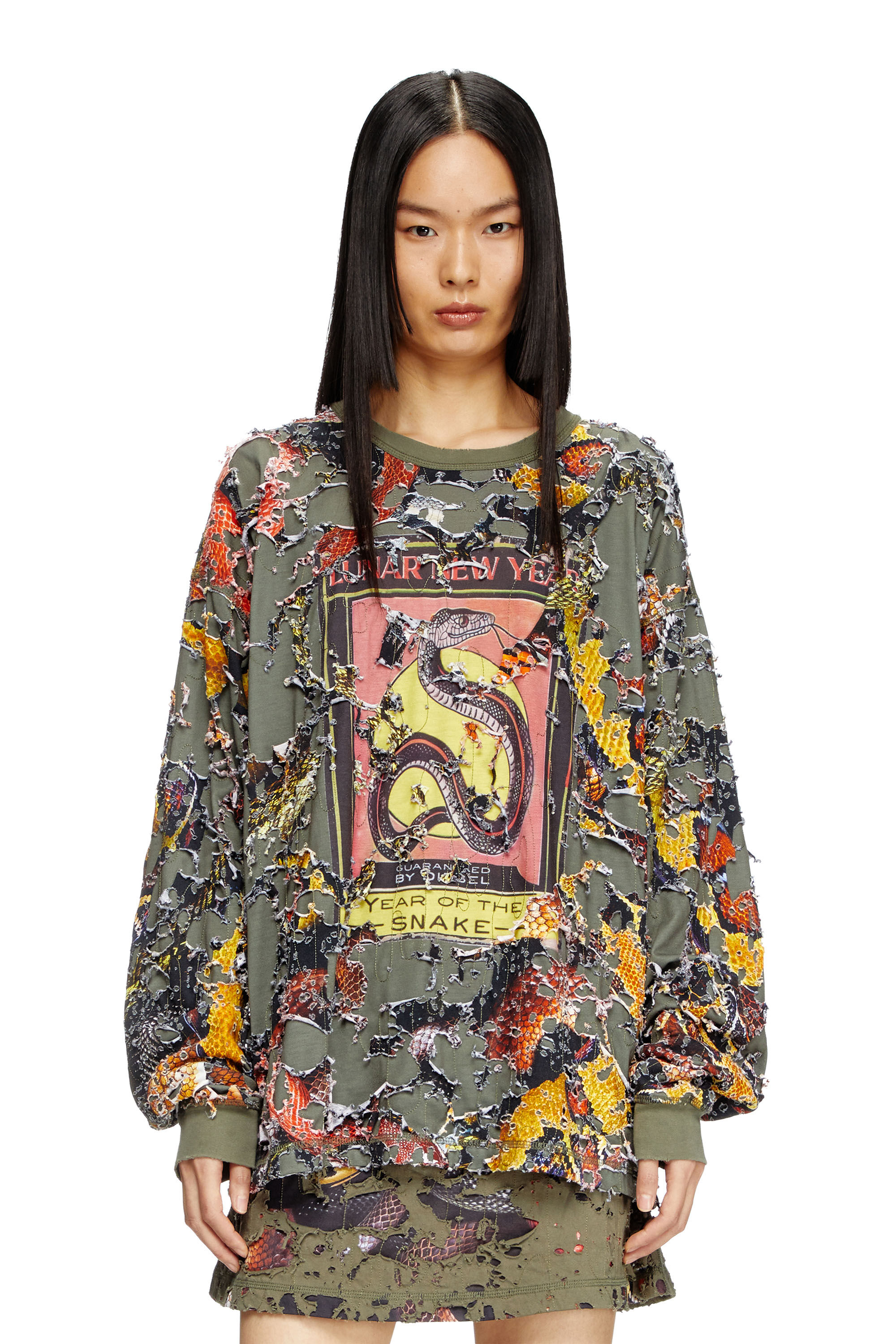 Diesel - CL-T-BOXT-LS-DEVOR-SNAKE, T-shirt a maniche lunghe destroyed stampa snake Unisex in Verde - 5