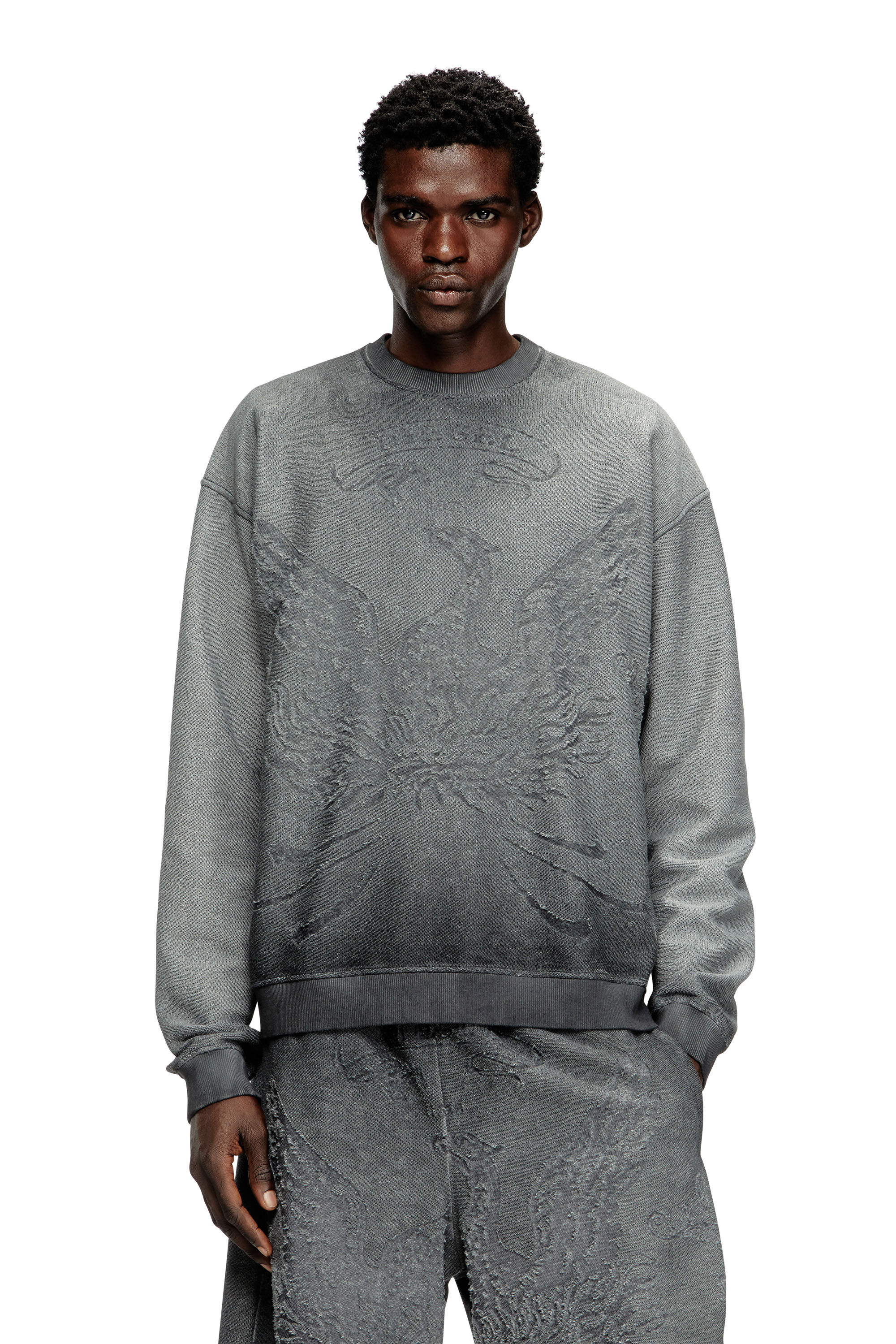 Diesel - S-ARON, Felpa sfumata con logo Phoenix devoré Uomo in Grigio - 3