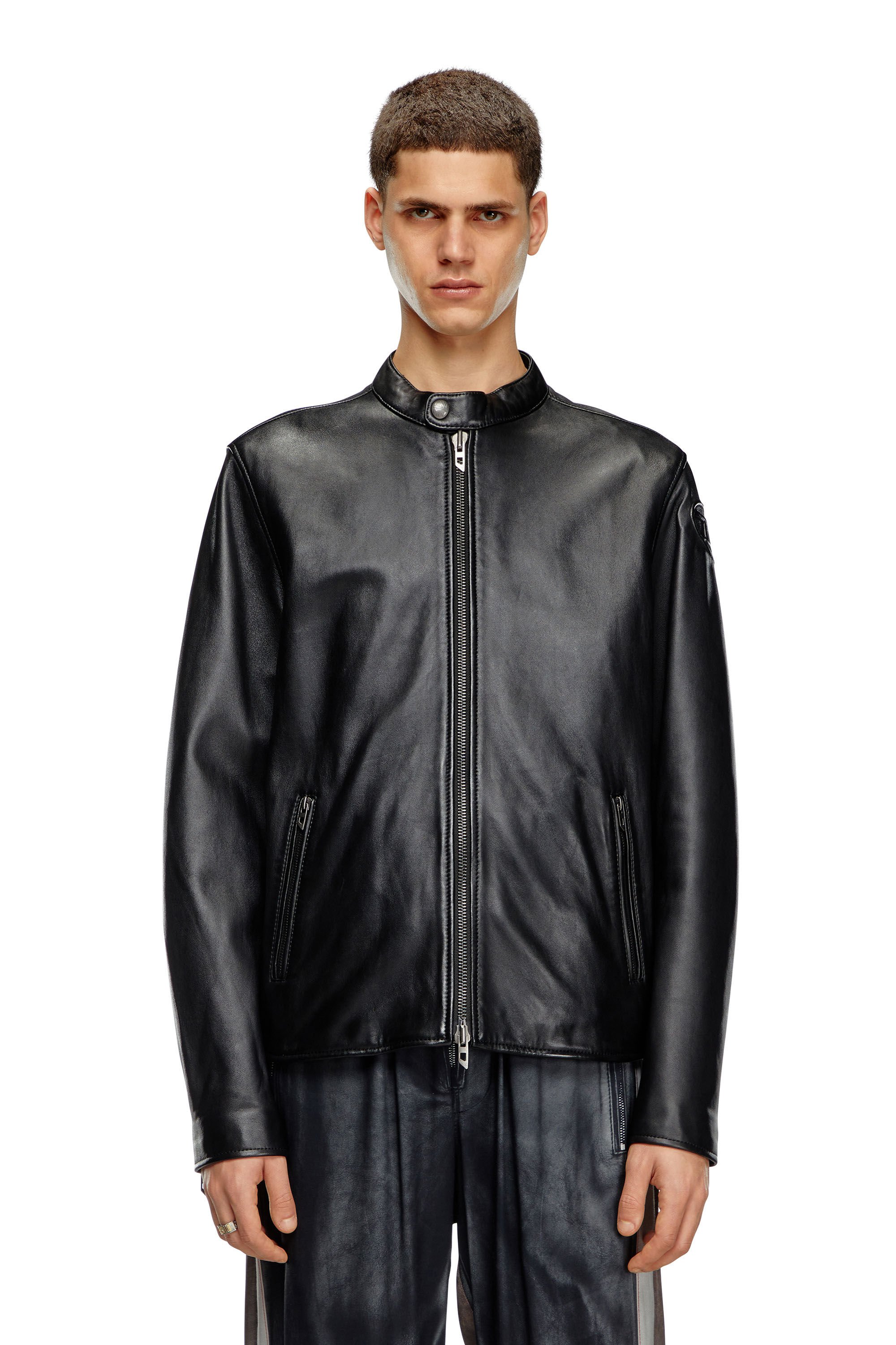 Diesel - L-CARVER, Man Leather biker jacket with embossed logo in Black - Image 3