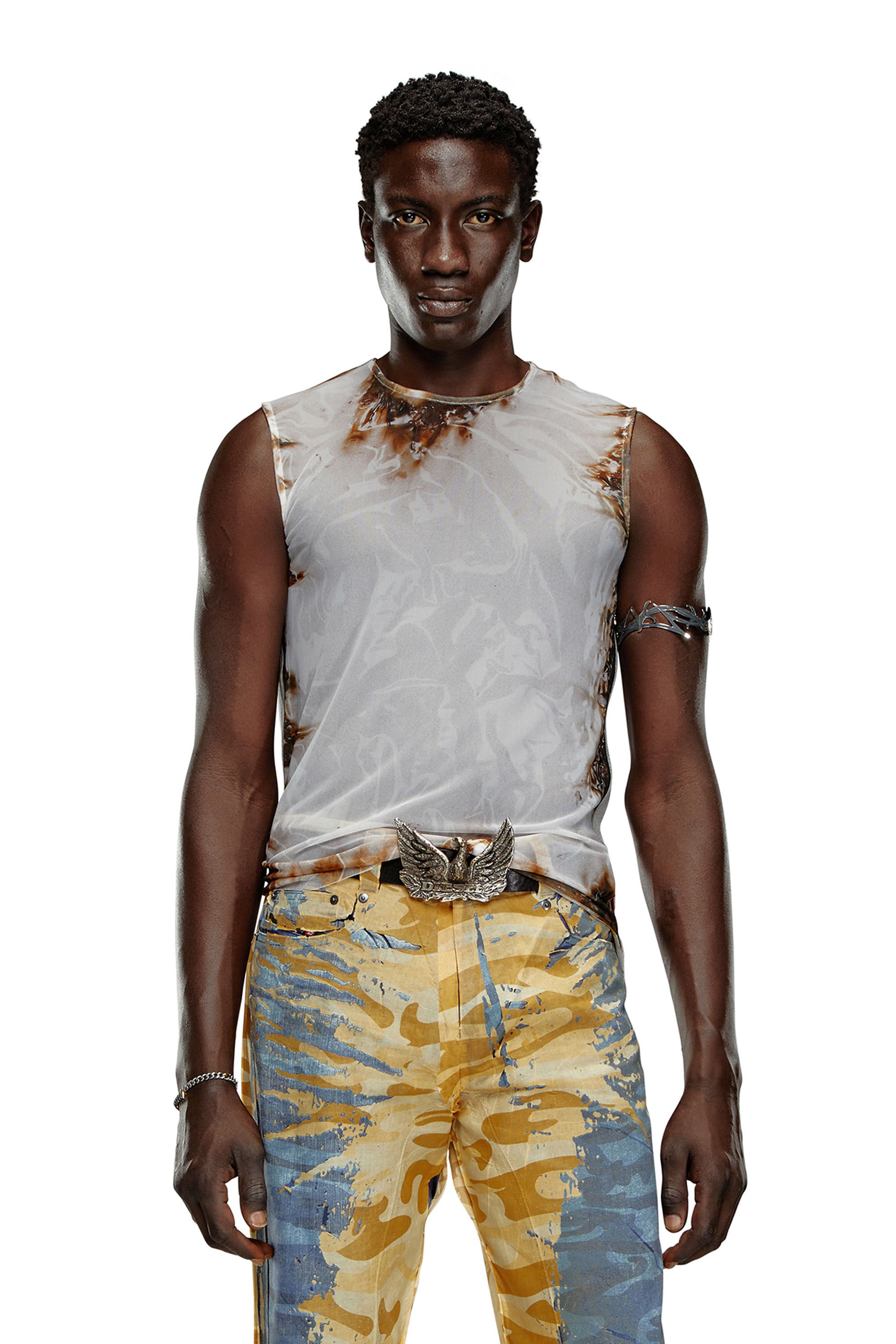 Diesel - T-BISCO-BURN-ART, Top in tulle con stampa fiamme Uomo in Multicolor - 3
