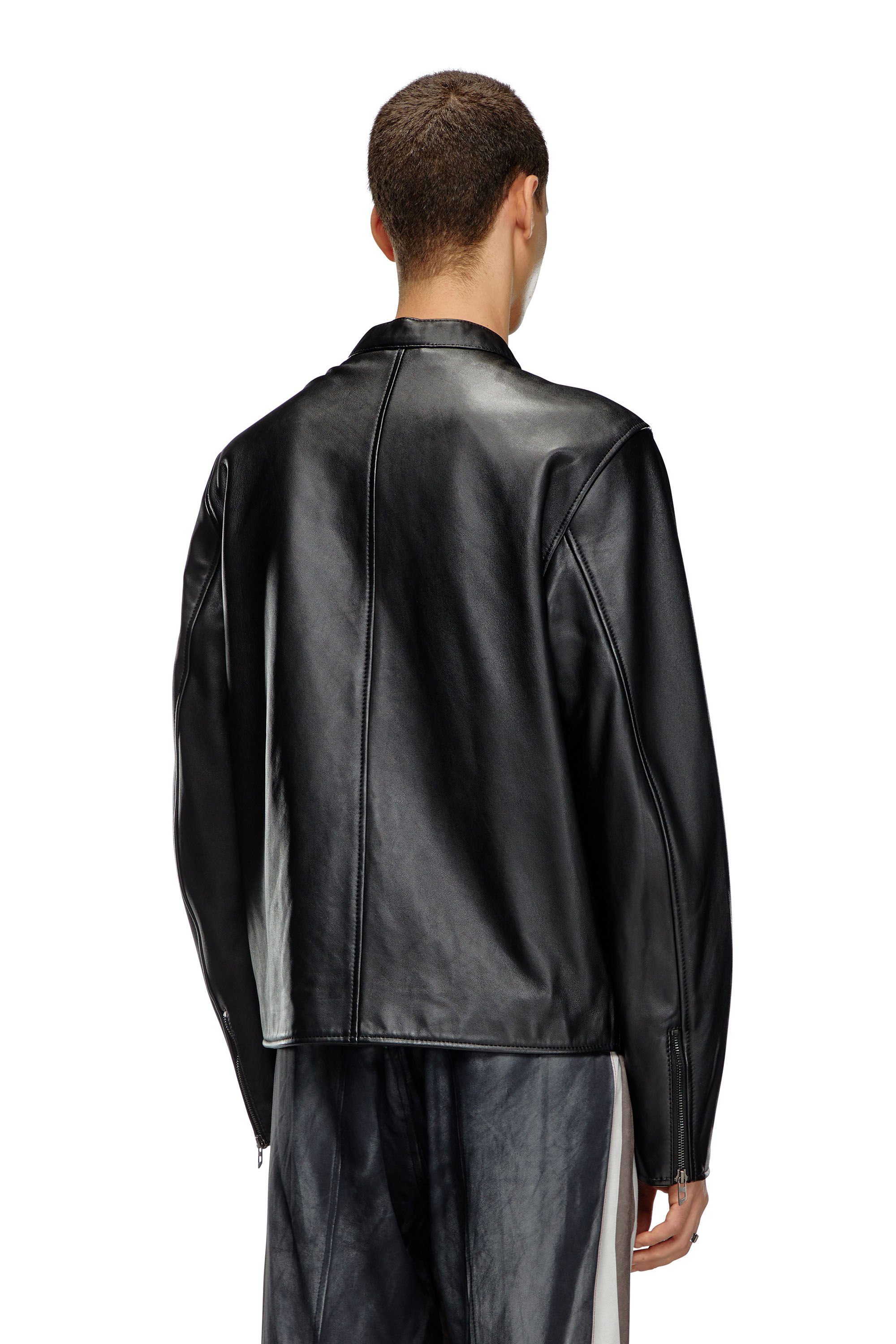 Diesel - L-CARVER, Man Leather biker jacket with embossed logo in Black - Image 4