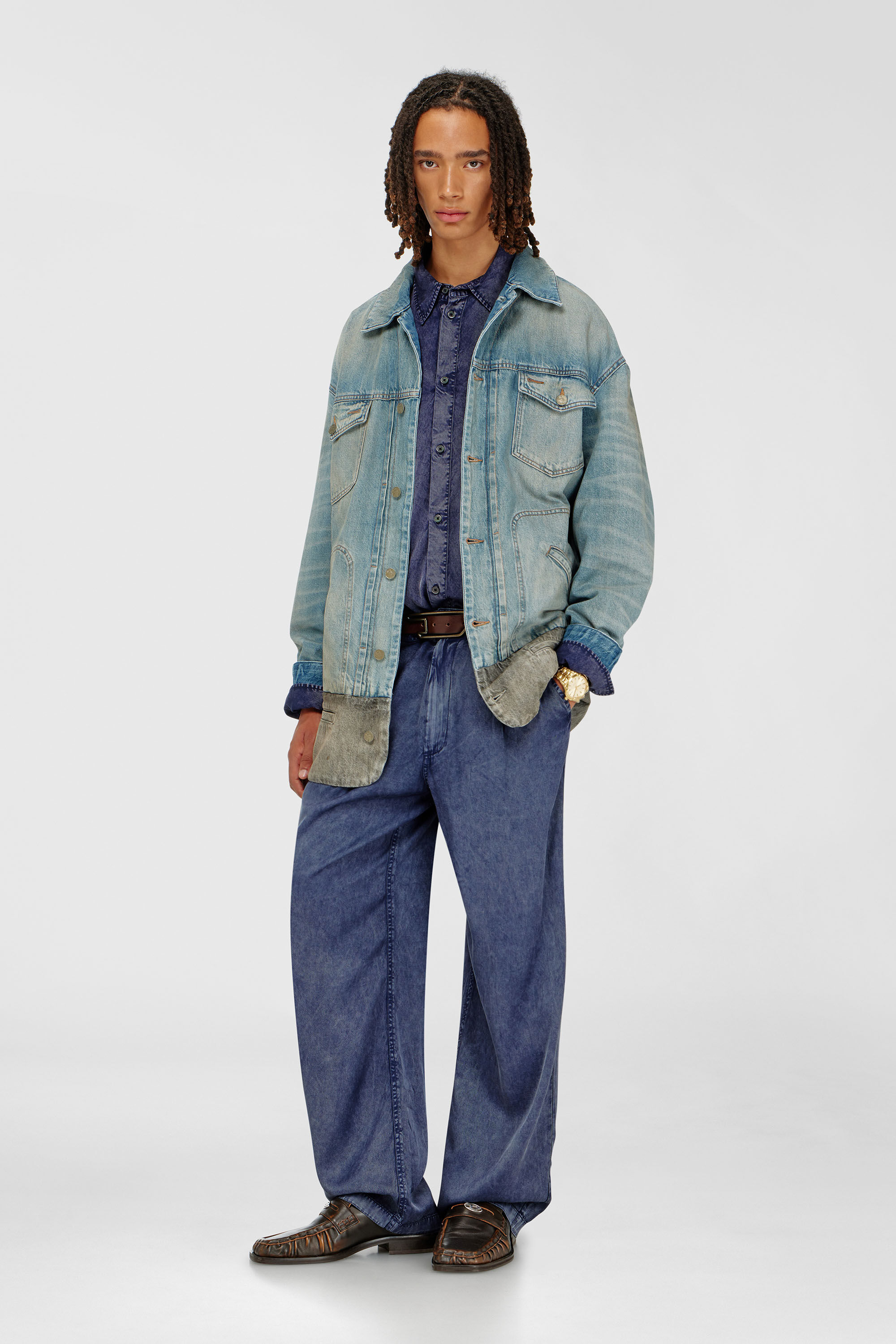 Diesel - P-FAUST-NIBC, Pantaloni wide-leg in viscosa effetto denim Uomo in Blu - 1